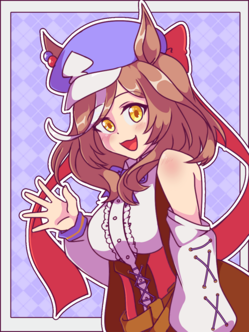 neferkitty, matikanetannhauser (panpaka tiltott) (umamusume), matikanetannhauser (umamusume), umamusume, highres, 1girl, animal ears, belt bag, blush, bow, brown hair, ear bow, ear covers, ear ornament, ears through headwear, hat, horse ears, horse girl, medium hair, multicolored hair, newsboy cap, smile, solo, streaked hair, tilted headwear