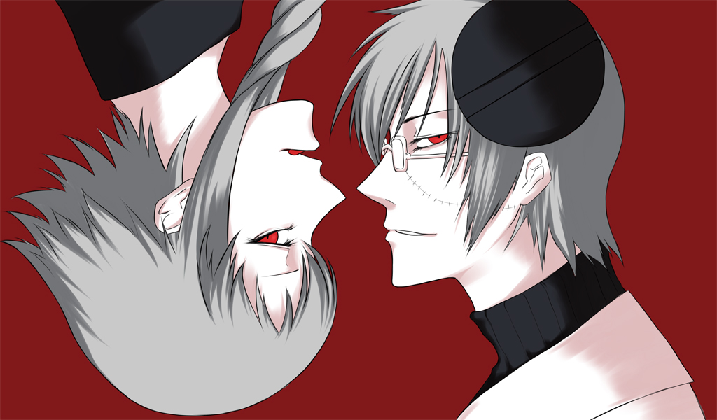 iwamoto eiri, franken stein (soul eater), medusa gorgon, soul eater, bad id, bad pixiv id, 00s, glasses, red eyes, rotational symmetry