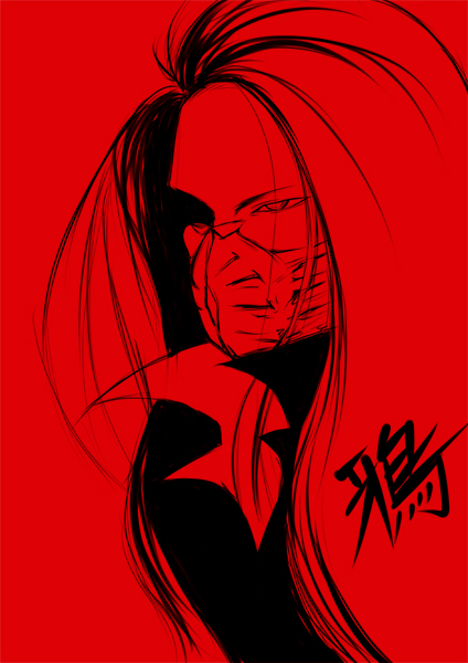 iwamoto eiri, karasu (yu yu hakusho), yuu yuu hakusho, bad id, bad pixiv id, 1boy, black hair, long hair, male focus, mask, monochrome, red theme, solo