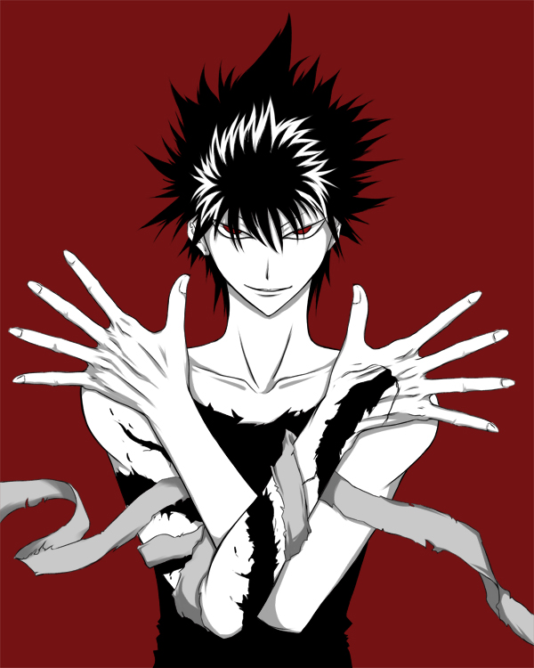 iwamoto eiri, hiei, yuu yuu hakusho, bad id, bad pixiv id, 1boy, bandages, black hair, dragon, male focus, monochrome, red eyes, short hair, simple background, smile, solo, spiked hair