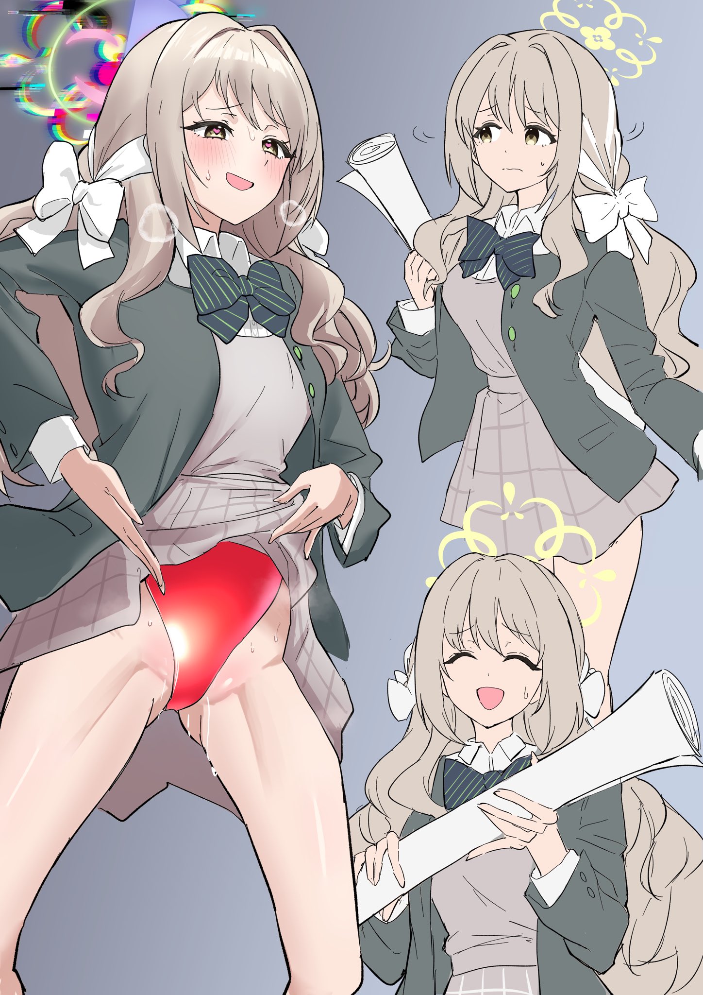 miyo (blue archive), blue archive, hazel eyes, highres, translation request, 1girl, bow, bowtie, braid, choppy bangs, diagonal-striped bow, diagonal-striped bowtie, diagonal-striped clothes, green bow, green bowtie, green halo, green jacket, grey skirt, haigure pose, hair bow, hair ribbon, halo, highleg, highleg leotard, jacket, latex, latex leotard, leotard, long hair, long sleeves, looking at viewer, mind control, purogapanda, red leotard, ribbon, ribbon braid, rolled up paper, shirt, skirt, solo, speech bubble, striped bow, striped bowtie, striped clothes, white bow, white shirt, wild hunt academy of arts logo