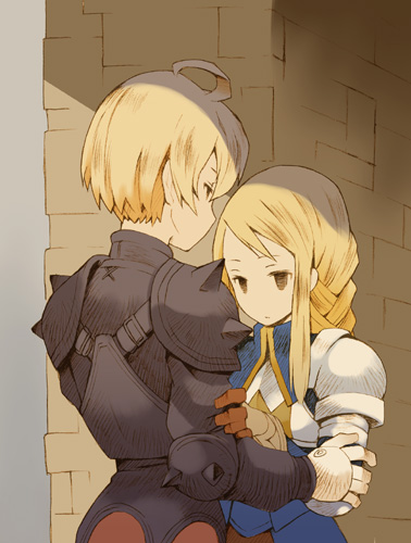 b.tarou, bakuhatsu tarou, agrias oaks, ramza beoulve, final fantasy, final fantasy tactics, lowres, 1boy, 1girl, ahoge, armor, belt, blonde hair, braid, brown eyes, couple, gloves, hetero, holding, long hair, pauldrons, short hair, shoulder armor, spikes