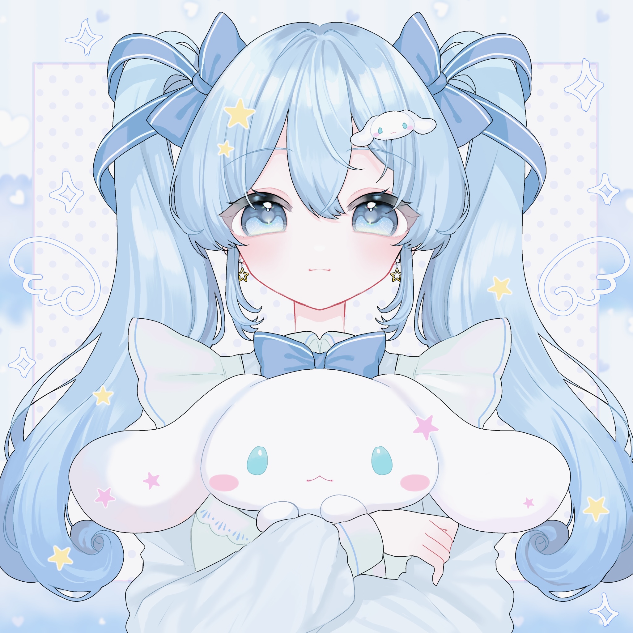 shiina (user ecjx4545), cinnamoroll, sanrio, character request, commentary request, highres, ibispaint (medium), 1girl, blue bow, blue bowtie, blue eyes, blue hair, blue ribbon, bow, bowtie, closed mouth, creature, drawn wings, earrings, hair ornament, hair ribbon, holding, holding creature, hug, jewelry, light smile, long hair, looking at viewer, ribbon, sidelocks, solo, sparkle, star (symbol), star earrings, star hair ornament, tenshi kaiwai, twintails, upper body