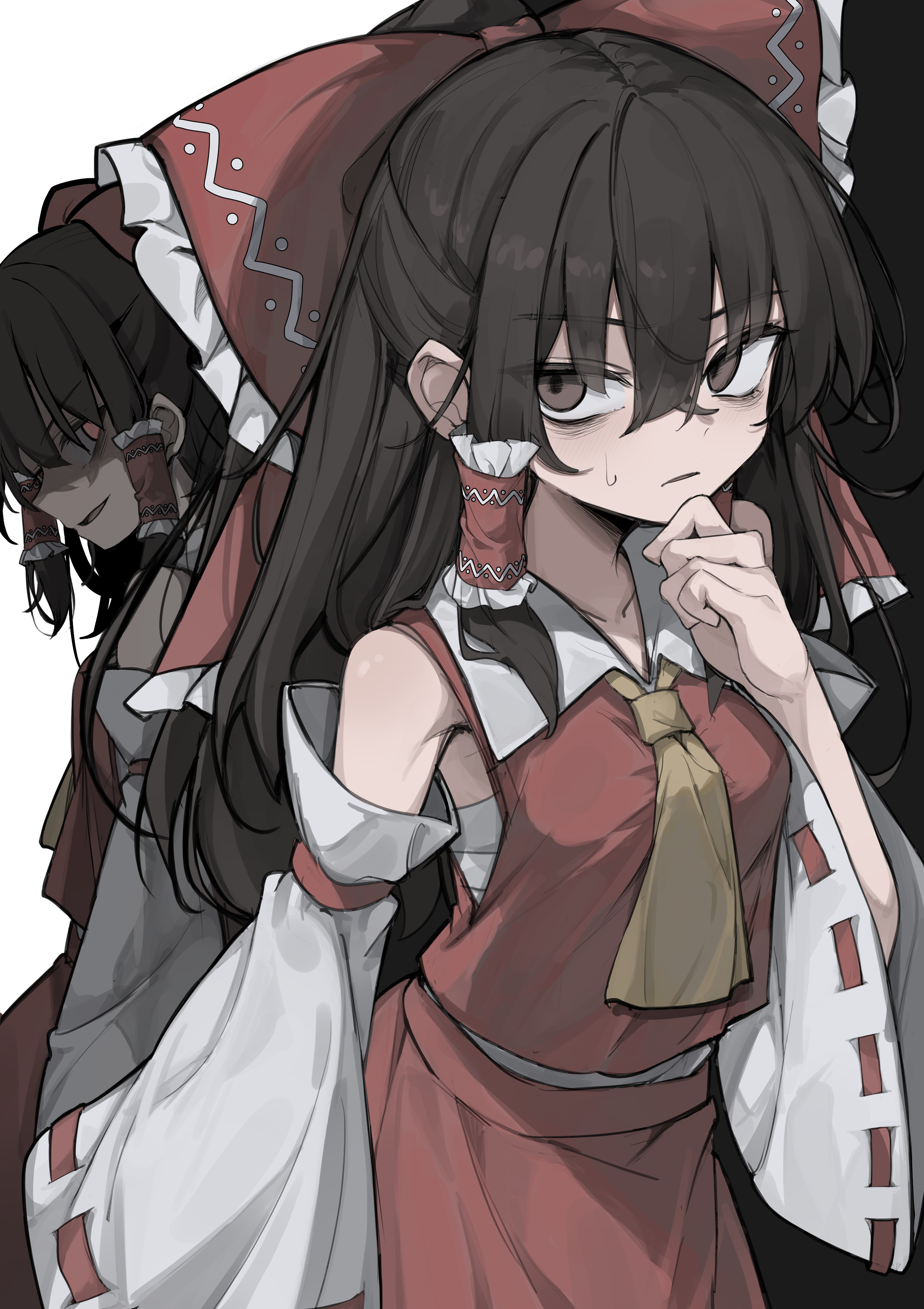 hisha (kan moko), hakurei reimu, touhou, absurdres, highres, 2girls, breasts, brown hair, chest sarashi, closed mouth, detached sleeves, dual persona, hair ribbon, hand up, long hair, looking at viewer, multiple girls, red ribbon, red shirt, red skirt, ribbon, sarashi, shirt, skirt, wide sleeves
