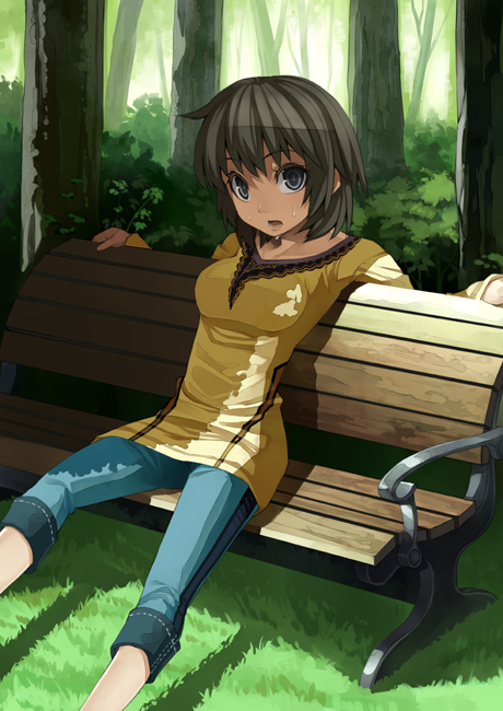 murata taichi, 1girl, bench, brown hair, capri pants, casual, day, denim, female focus, grass, grey eyes, leaning back, long sleeves, looking at viewer, open mouth, outdoors, pants, shade, short hair, sitting, solo, sweat, tree