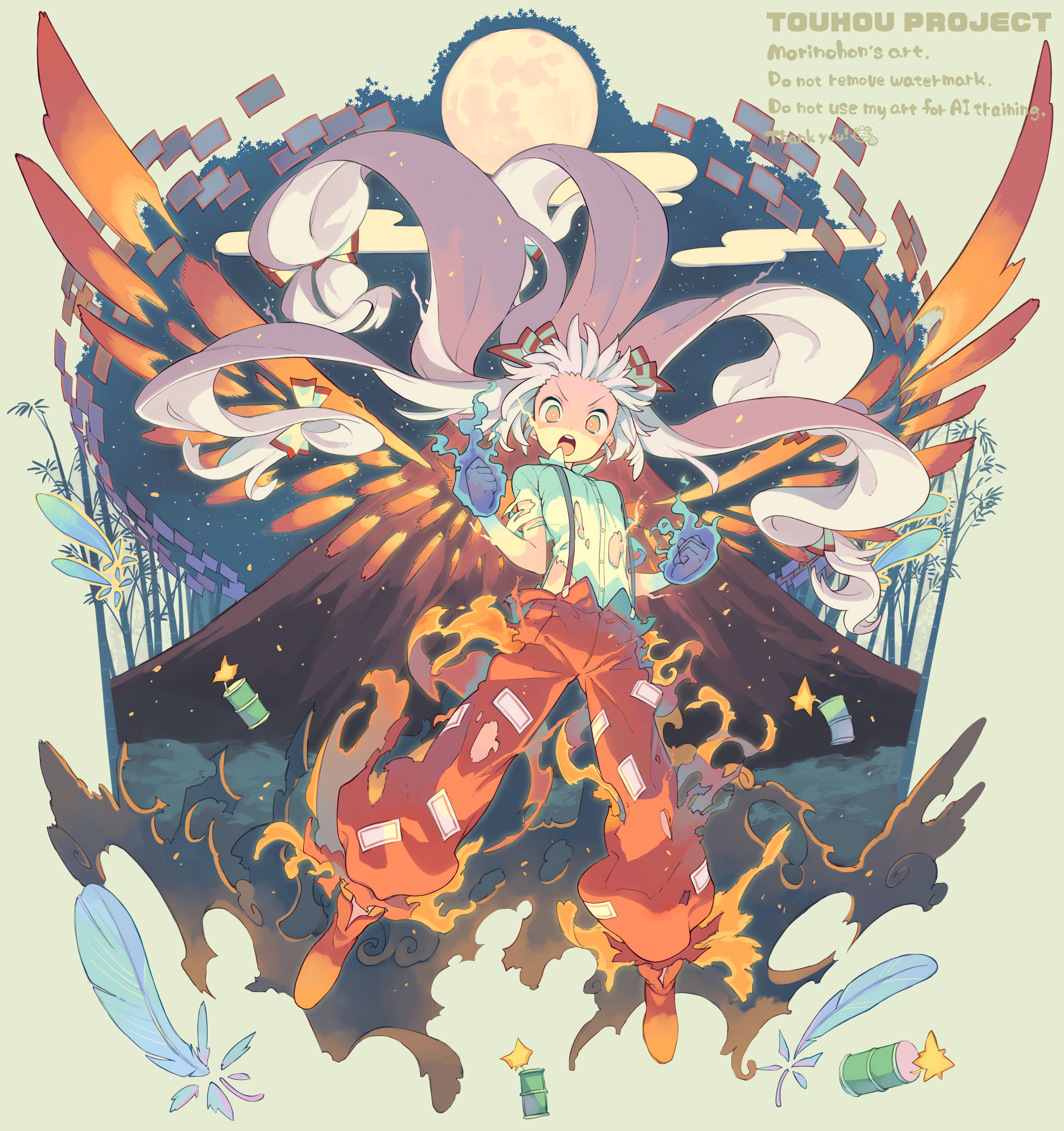 morino hon, fujiwara no mokou, touhou, absurdres, highres, 1girl, copyright name, english text, fire, full body, grey hair, long hair, looking at viewer, moon, open mouth, pants, red pants, red shoes, shirt, shoes, solo, teeth, torn clothes, torn shirt, upper teeth only, very long hair, volcano, yellow eyes
