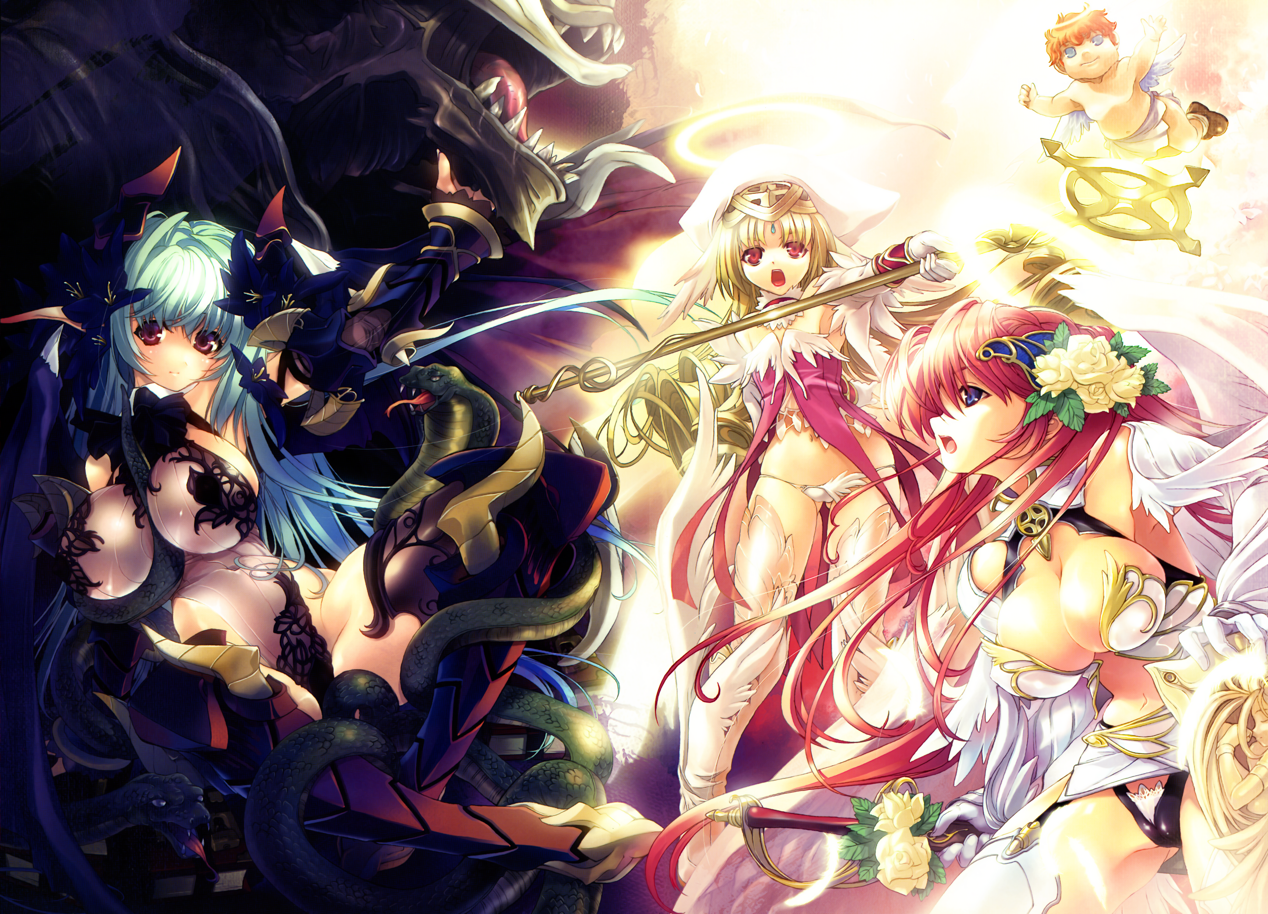 miwa yoshikazu, absurdres, highres, huge filesize, 3girls, angel, angel wings, armor, between breasts, blonde hair, blue eyes, breasts, cameltoe, cleavage, demon, demon girl, elbow gloves, flower, gloves, green hair, hair flower, hair ornament, halo, large breasts, long hair, multiple girls, pink hair, pointy ears, red eyes, snake, staff, sword, thighhighs, weapon, wings