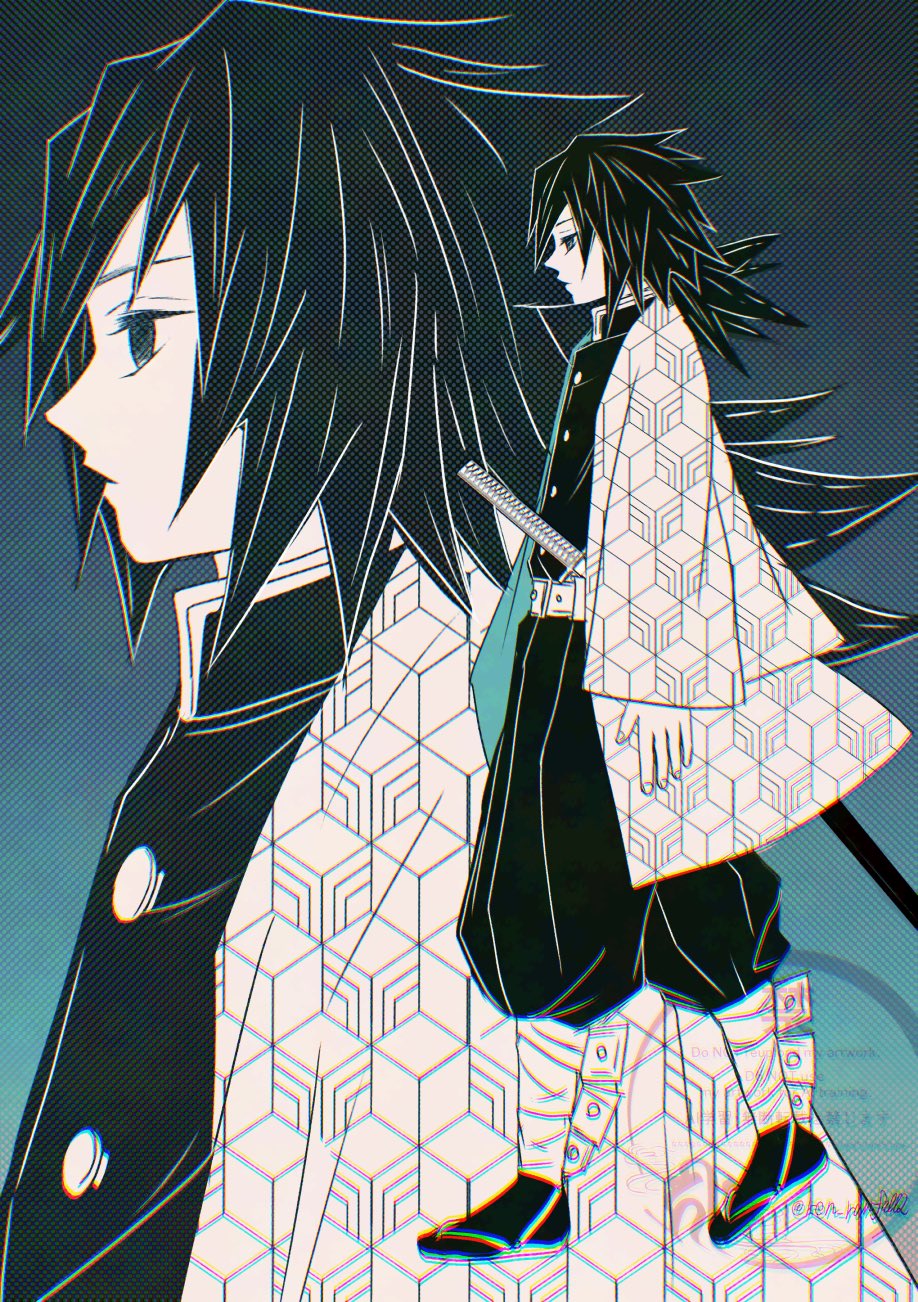 runa (ren rainfall), tomioka giyuu, kimetsu no yaiba, highres, 1boy, belt, black hair, black jacket, black pants, buttons, demon slayer uniform, full body, haori, high collar, jacket, japanese clothes, kikkoumon, low ponytail, male focus, multiple views, pants, ponytail, print haori, profile, solo, spiked hair, walking, white belt