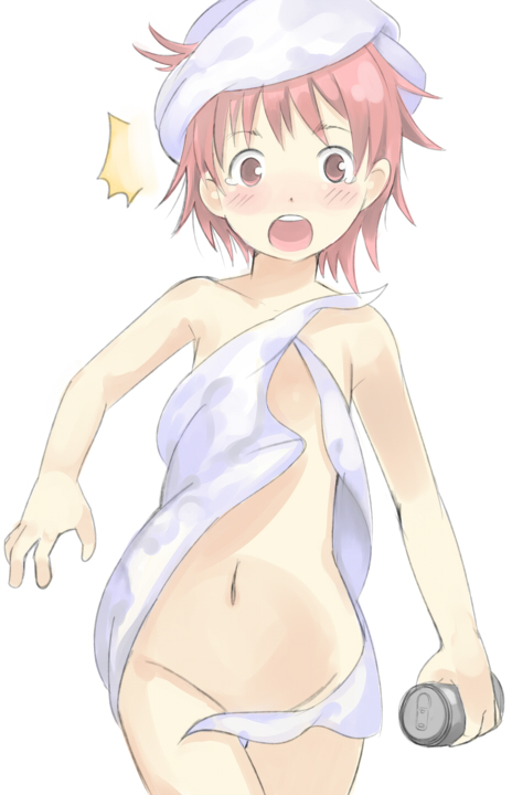 enoki p, tsukuyomi komoe, toaru majutsu no index, bad id, bad pixiv id, 00s, 1girl, blush, can, convenient censoring, female focus, flat chest, navel, pink hair, solo, surprised, towel, towel slip, wardrobe malfunction