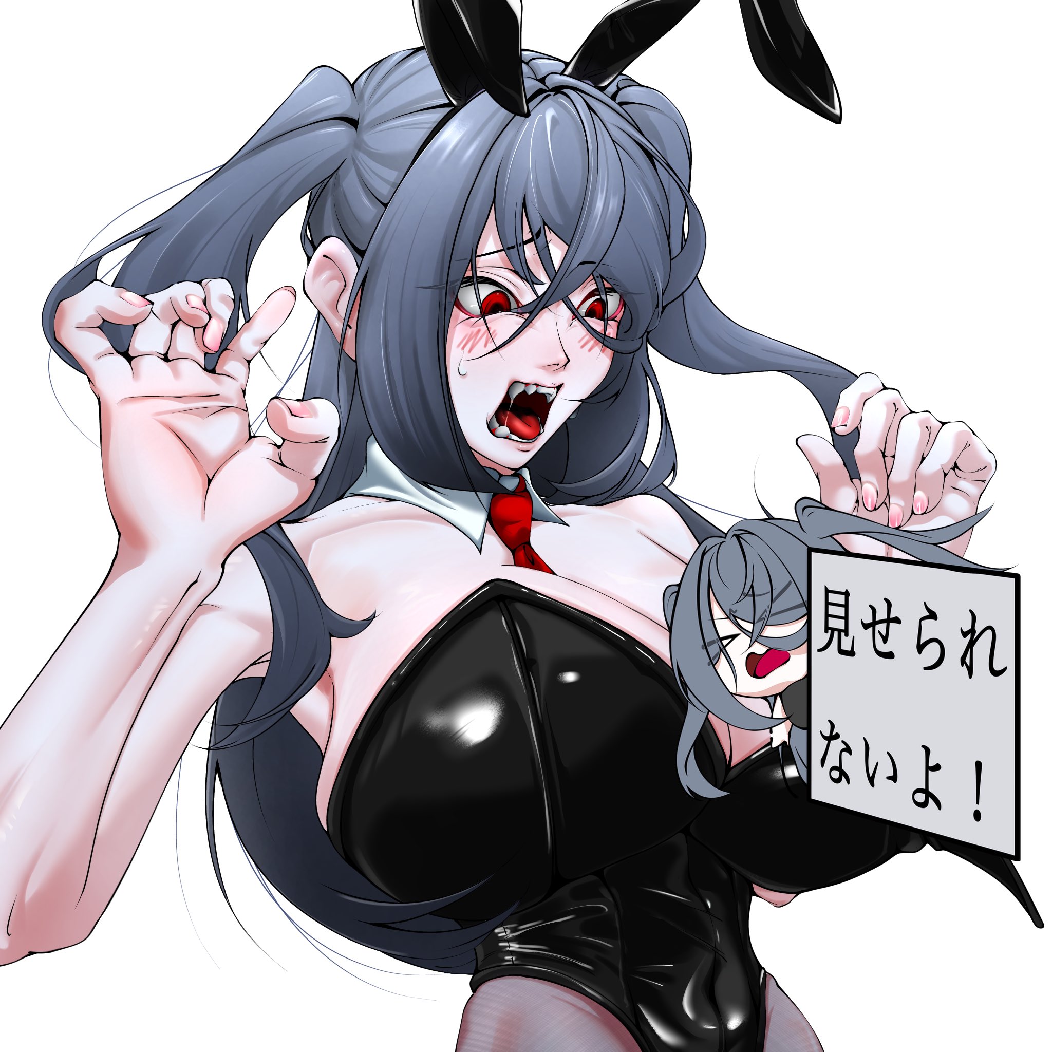 original, commentary, highres, > <, 1girl, animal ears, bare arms, bare shoulders, between breasts, black leotard, blush, borrowed character, breasts, can't show this (meme), censored, character censor, chibi, cleavage, covered navel, crossed bangs, detached collar, fake animal ears, fangs, furrowed brow, grey hair, hair between eyes, hands up, large breasts, leotard, long hair, meme, multiple views, nanami (kyoukitobe), necktie, necktie between breasts, novelty censor, oekaki (artist), open mouth, pantyhose, peanut mouth, playboy bunny, rabbit ears, red eyes, red necktie, simple background, strapless, strapless leotard, teeth, tongue, two side up, upper body, wardrobe malfunction, white background