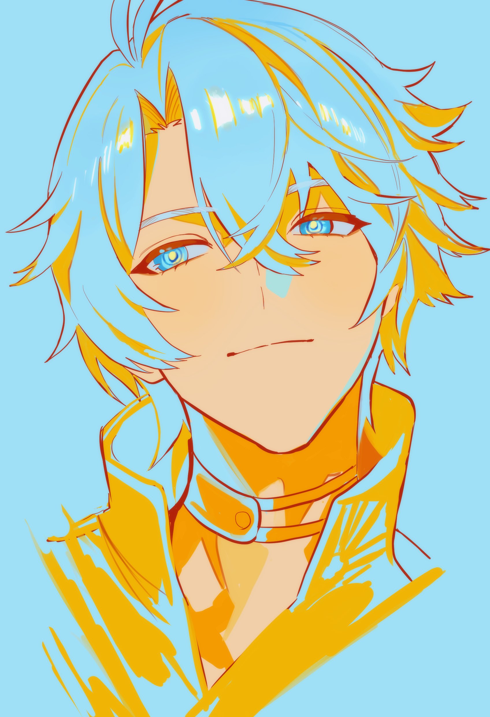 phainon (honkai: star rail), honkai: star rail, honkai (series), absurdres, highres, 1boy, antenna hair, aqua background, blue eyes, choker, closed mouth, cropped shoulders, crossed bangs, hair between eyes, half-closed eyes, hazozoyaku, looking to the side, male focus, parted bangs, partially colored, short hair, simple background, smile, solo, upper body, yellow pupils