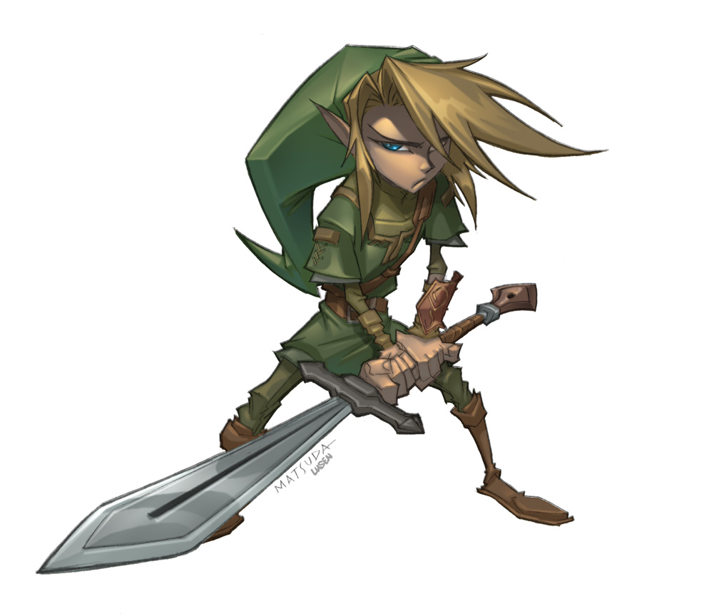 jeff matsuda, link, nintendo, the legend of zelda, the legend of zelda: twilight princess, 1boy, blonde hair, fighting stance, full body, holding, holding sword, holding weapon, looking at viewer, male focus, pointy ears, short sleeves, simple background, solo, sword, tunic, weapon, white background