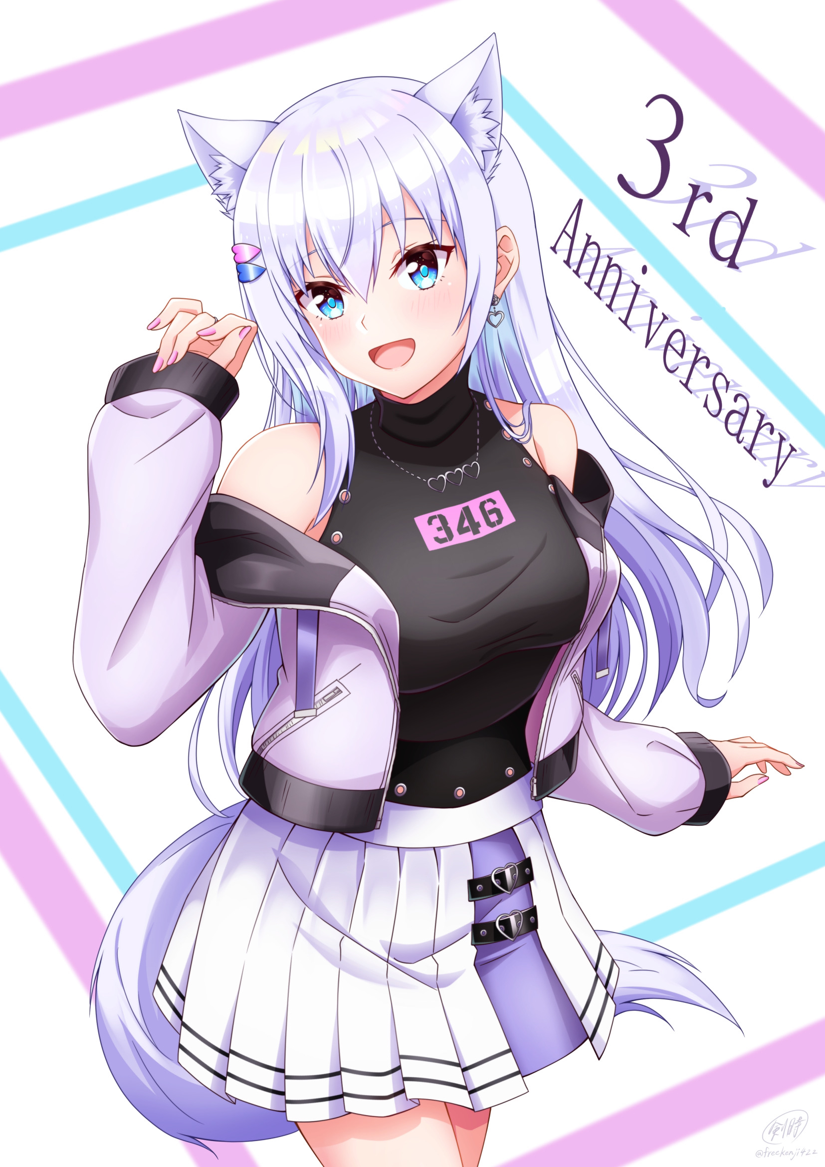 ken-ji, shirayuki mishiro, noripro, commentary request, highres, 1girl, :d, animal ear fluff, animal ears, anniversary, bare shoulders, black jacket, black shirt, blue background, blue eyes, breasts, clothes writing, cowboy shot, earrings, eyelashes, hair between eyes, hair ornament, hair over shoulder, hairclip, hand up, heart, heart earrings, heart necklace, jacket, jewelry, light blush, long hair, long sleeves, looking at viewer, medium breasts, miniskirt, multicolored jacket, necklace, off-shoulder jacket, off shoulder, open clothes, open jacket, open mouth, pink background, pink jacket, pink nails, pleated skirt, purple skirt, shirt, sidelocks, skirt, sleeveless, sleeveless shirt, smile, solo, standing, straight hair, tail, turtleneck, turtleneck shirt, two-tone jacket, two-tone skirt, virtual youtuber, white background, white hair, white skirt, wolf ears, wolf girl, wolf tail