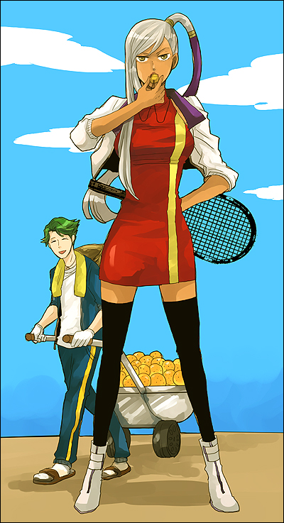 sudachips, jeremiah gottwald, villetta nu, code geass, silver hair, bad id, bad pixiv id, 00s, 1boy, 1girl, boots, cloud, dark skin, day, food, fruit, gloves, green hair, jacket, open mouth, orange (fruit), ponytail, racket, sandals, short hair, single vertical stripe, sky, sleeves pushed up, smile, socks, tennis racket, thighhighs, towel, track suit, wheelbarrow, whistle, yellow eyes, zettai ryouiki