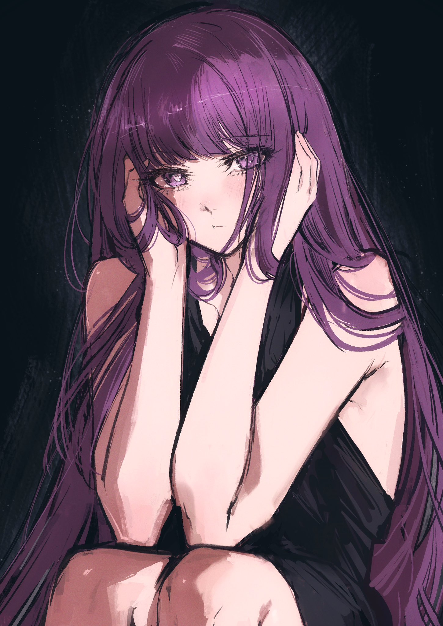 moku (muooku), frieren, sousou no frieren, highres, 1girl, black background, black dress, blunt bangs, closed mouth, collarbone, dress, fern, hair over shoulder, hands up, head rest, light blush, long hair, looking at viewer, purple eyes, purple hair, sitting, sleeveless, sleeveless dress, solo, very long hair
