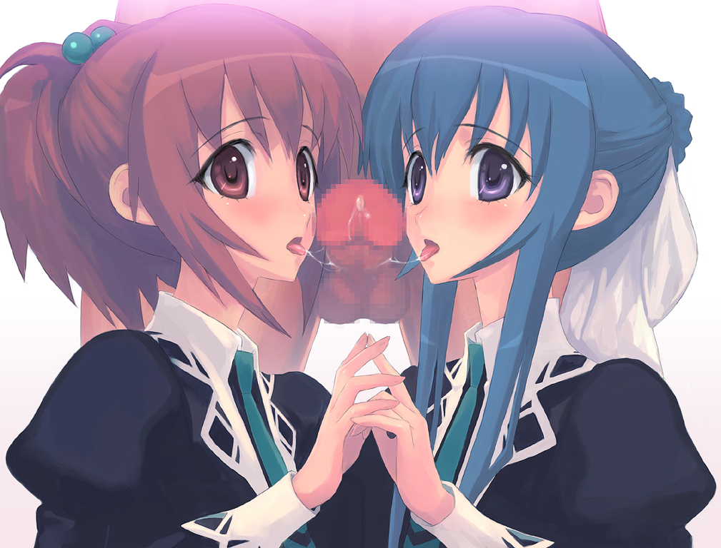 quadrastate, aoi nagisa, suzumi tamao, strawberry panic!, 00s, 1boy, 2girls, blush, censored, cooperative fellatio, dark-skinned male, dark penis, dark skin, fellatio, hetero, interracial, mosaic censoring, multiple girls, oral, penis, saliva, saliva trail, school uniform, serafuku, teamwork, teamwork (sexual), testicles