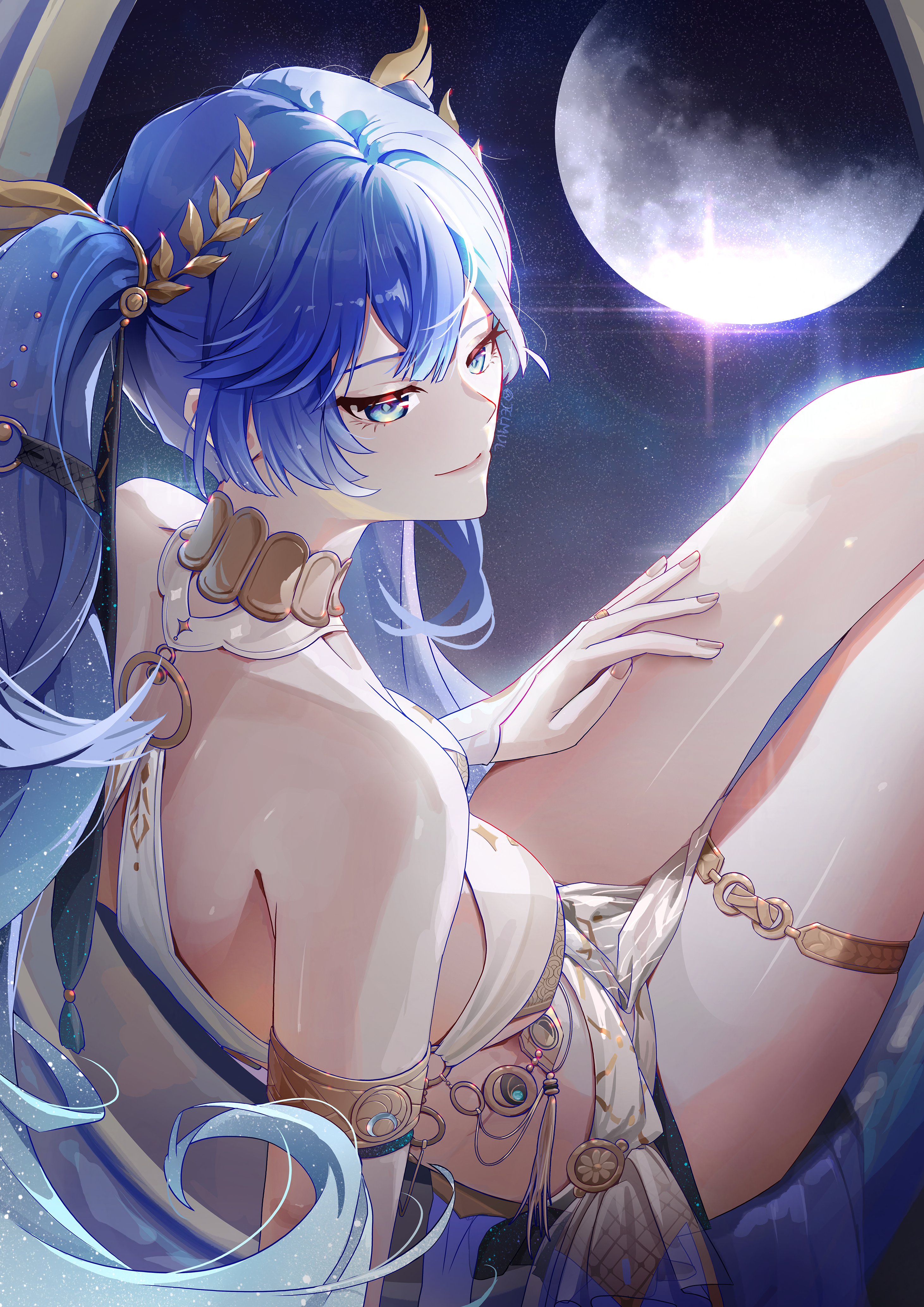 jelmul, iuno (wuthering waves), wuthering waves, absurdres, commentary, highres, 1girl, armlet, bare shoulders, blue eyes, blue hair, breasts, bridal gauntlets, closed mouth, feet out of frame, fingernails, full moon, gradient hair, jewelry, laurel crown, long hair, looking to the side, medium breasts, moon, multicolored hair, sitting, smile, solo, thighlet, thighs, twintails, very long hair, white bridal gauntlets