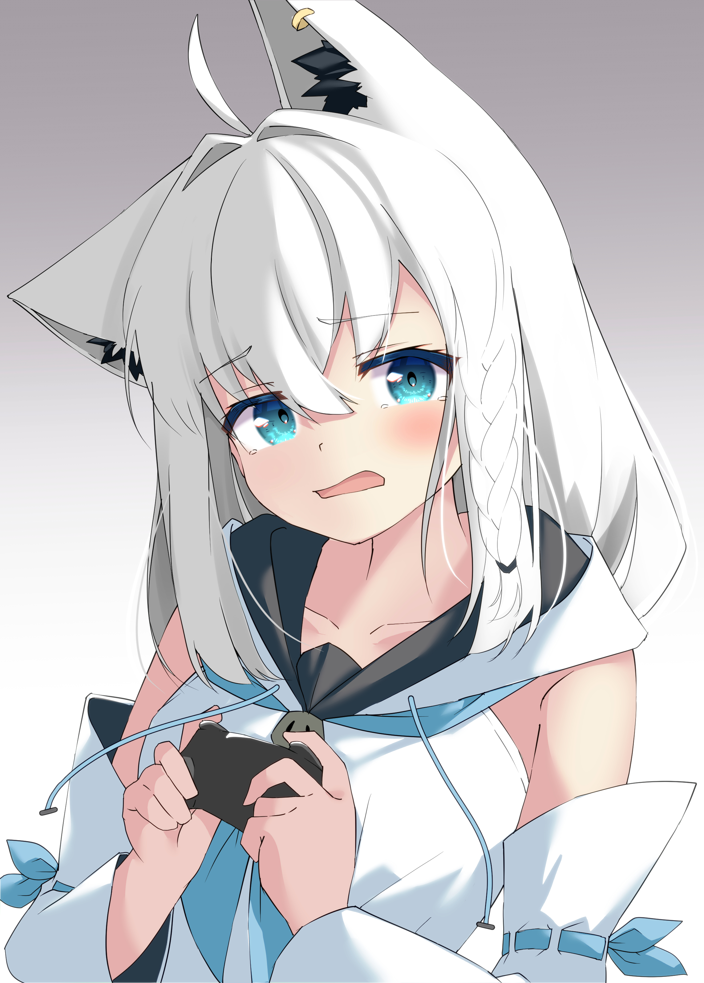 shirayuki (snow link), shirakami fubuki, shirakami fubuki (1st costume), hololive, absurdres, commentary, english commentary, highres, 1girl, ahoge, animal ear fluff, animal ear piercing, animal ears, blue eyes, blue neckerchief, braid, breasts, controller, detached sleeves, fox ears, fox girl, game controller, gradient background, grey background, hair between eyes, holding, holding controller, holding game controller, hood, long hair, long sleeves, looking at viewer, medium breasts, neckerchief, open mouth, shirt, sidelocks, single braid, sleeveless, sleeveless shirt, solo, upper body, white hair, white sleeves