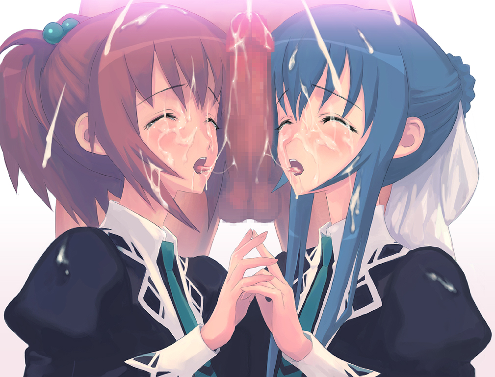 quadrastate, aoi nagisa, suzumi tamao, strawberry panic!, 00s, 1boy, 2girls, after fellatio, bisexual female, blush, bukkake, censored, closed eyes, cooperative fellatio, cum, cum on body, cum on hair, cum string, ejaculation, facial, fellatio, ffm threesome, group sex, hetero, mosaic censoring, multiple girls, open mouth, oral, penis, school uniform, serafuku, teamwork (sexual), testicles, threesome
