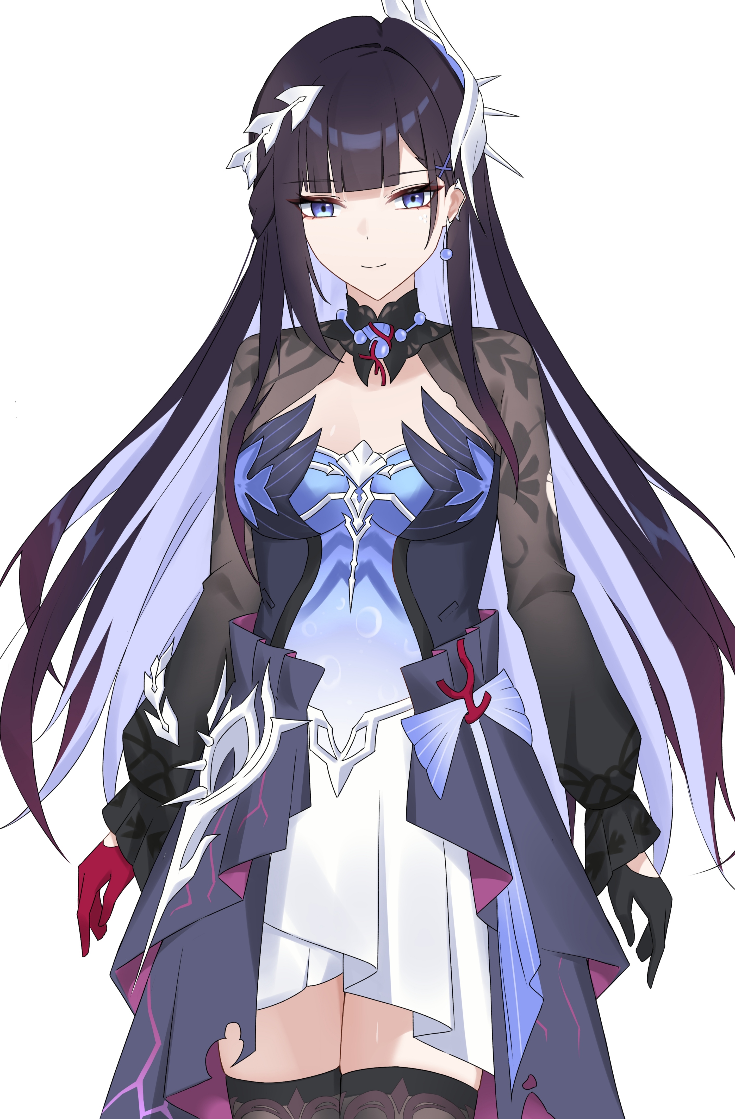 nicel, hysilens (honkai: star rail), honkai: star rail, honkai (series), absurdres, highres, 1girl, asymmetrical gloves, black gloves, black hair, black shrug, black thighhighs, blue eyes, breasts, colored inner hair, cowboy shot, earrings, gloves, hair ornament, jewelry, light smile, long hair, long sleeves, looking at viewer, medium breasts, mismatched gloves, multicolored hair, pearl earrings, purple hair, red gloves, see-through body, shrug (clothing), simple background, single earring, solo, thighhighs, very long hair, white background, zettai ryouiki