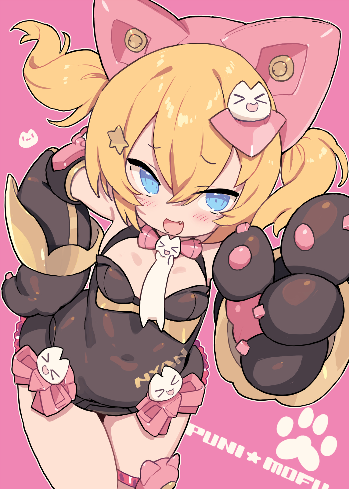 blade (galaxist), original, commentary request, highres, 1girl, :d, animal ears, animal hands, black dress, blonde hair, blue eyes, blush, breasts, cat ears, cat hair ornament, covered navel, dress, fake animal ears, fang, gloves, hair between eyes, hair ornament, leaning forward, looking at viewer, open mouth, paw gloves, pink background, romaji text, short dress, short hair, simple background, small breasts, smile, solo, twintails