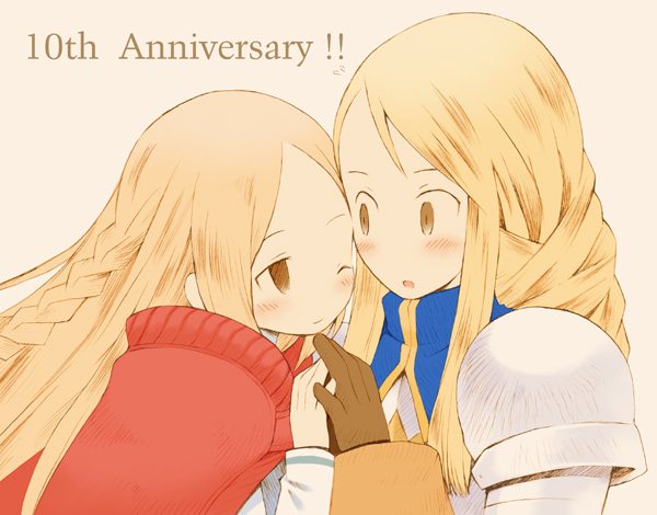 b.tarou, bakuhatsu tarou, agrias oaks, ovelia atkascha, final fantasy, final fantasy tactics, 2girls, armor, blonde hair, blush, braid, couple, heads together, multiple girls, parted bangs, pauldrons, shoulder armor, side braid, simple background, single braid, smile, yuri