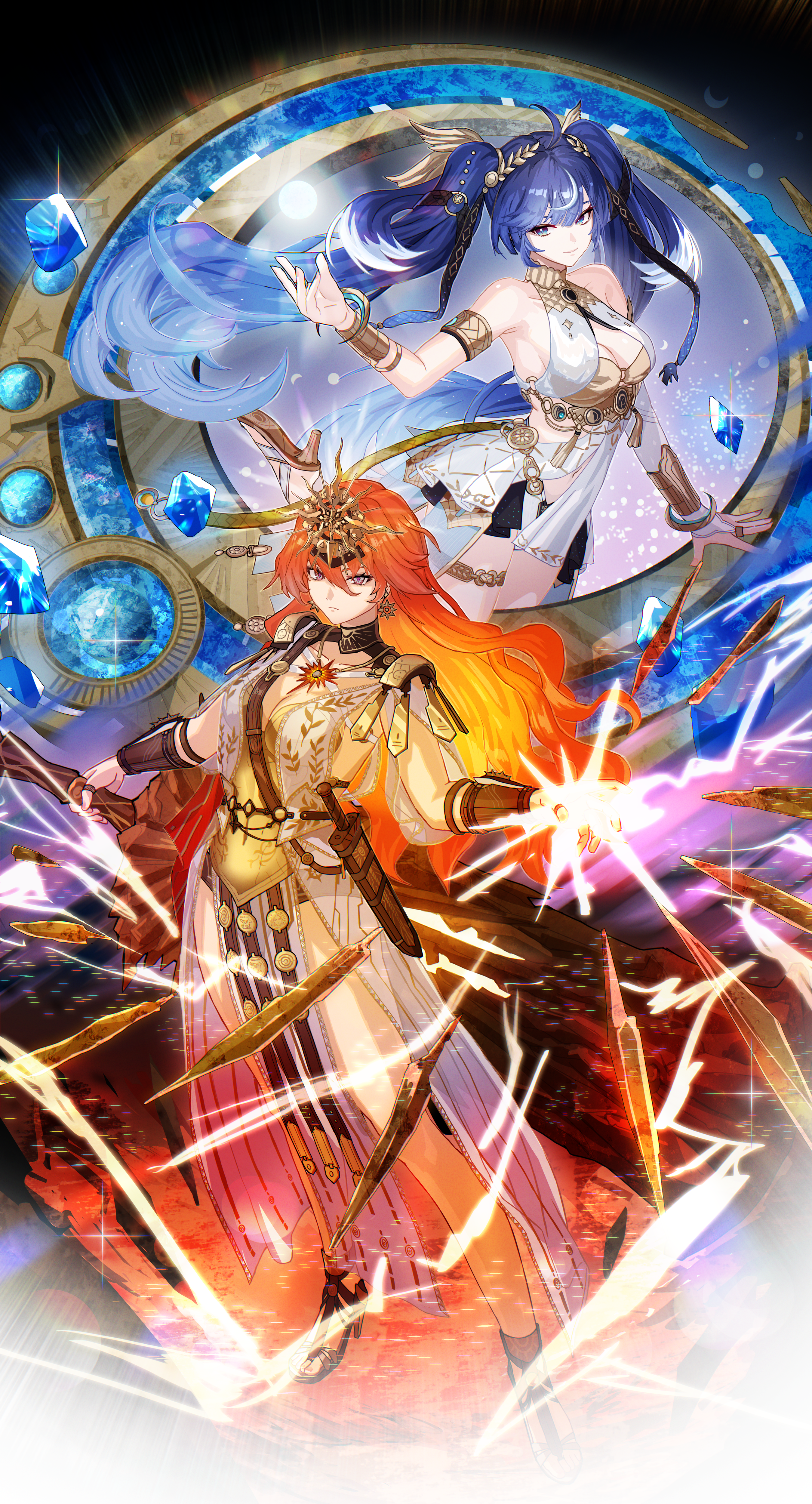 yoshioka (rockwell sv), augusta (wuthering waves), iuno (wuthering waves), wuthering waves, absurdres, commentary, english commentary, highres, 2girls, ahoge, ancient greek clothes, arm armor, armlet, armor, bare shoulders, black collar, black skirt, blue eyes, blue hair, breastplate, breasts, bridal gauntlets, cleavage, closed mouth, collar, dress, earrings, gold bra, gradient hair, greco-roman clothes, hand up, headgear, high heels, jewelry, laurel crown, long hair, looking at viewer, medium breasts, multicolored hair, multiple girls, orange hair, single bridal gauntlet, skirt, smile, streaked hair, sun earrings, sun necklace, thighlet, thighs, twintails, vambraces, very long hair, white bridal gauntlets, white dress