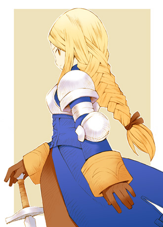 b.tarou, bakuhatsu tarou, agrias oaks, final fantasy, final fantasy tactics, lowres, 1girl, armor, blonde hair, braid, braided ponytail, female focus, hands on hilt, knight, simple background, single braid, solo, sword, weapon