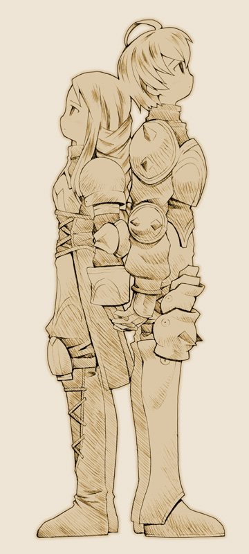 b.tarou, bakuhatsu tarou, agrias oaks, ramza beoulve, final fantasy, final fantasy tactics, ahoge, armor, braid, long hair, monochrome, profile, simple background, single braid, spikes