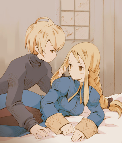 b.tarou, bakuhatsu tarou, agrias oaks, ramza beoulve, final fantasy, final fantasy tactics, lowres, 1boy, 1girl, ahoge, blonde hair, braid, couple, hetero, lying, single braid