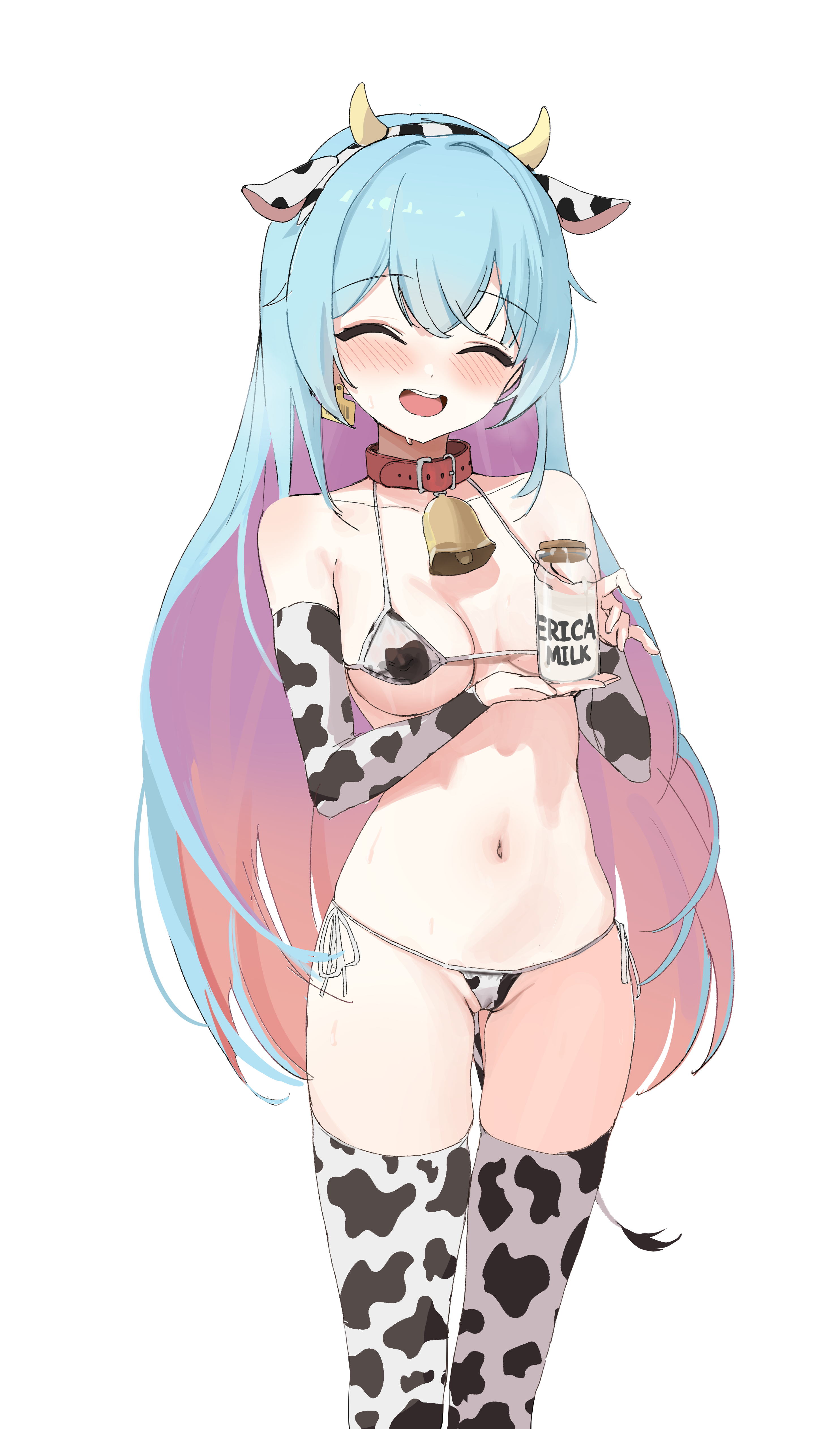 original, absurdres, artist request, commentary request, commission, highres, korean commentary, second-party source, 1girl, animal ears, animal print, bare shoulders, bell, bikini, blue hair, bottle, breast milk in container, breasts, closed eyes, colored inner hair, cow ears, cow print, cow print bikini, cow print sleeves, cow print thighhighs, cowbell, detached sleeves, ear tag, fake animal ears, hairband, holding, holding bottle, large breasts, long hair, multicolored hair, navel, neck bell, open mouth, pink hair, print bikini, print thighhighs, smile, solo, stomach, swimsuit, thighhighs, very long hair