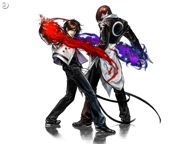 hiroaki (kof), kusanagi kyou, yagami iori, snk, the king of fighters, 2boys, brown hair, crescent moon, denim, fire, jacket, jeans, male focus, moon, multiple boys, pants, purple fire, pyrokinesis, red hair
