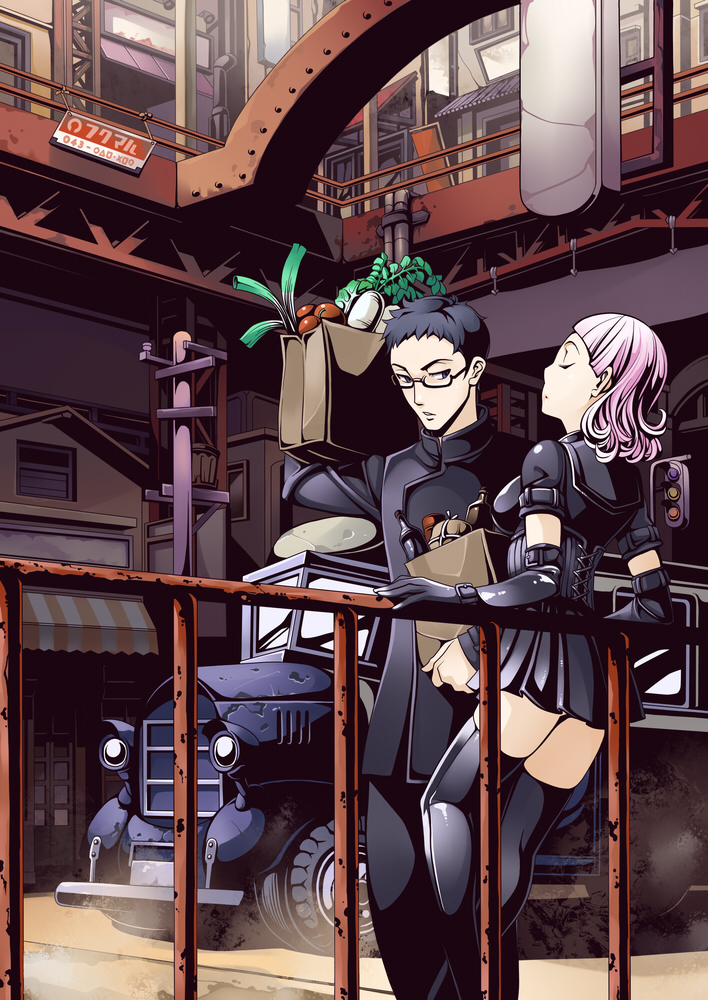 torigoe takumi, original, car, elbow gloves, glasses, gloves, groceries, motor vehicle, pink hair, short hair, thighhighs, traffic light, zettai ryouiki