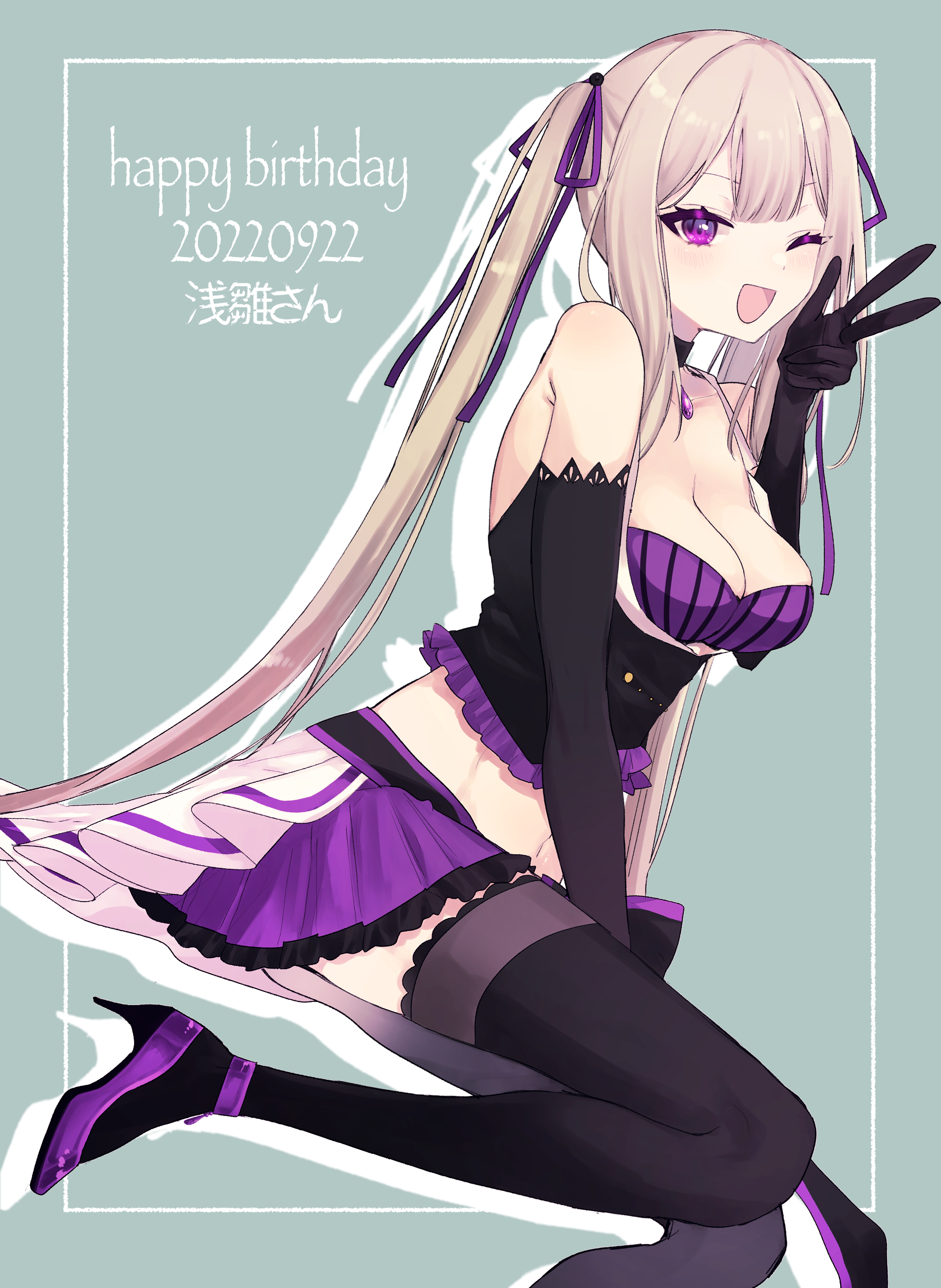 eurasia (wtp09ptw14), original, absurdres, commentary request, highres, 1girl, :d, armpit crease, bare shoulders, black corset, black gloves, black thighhighs, breasts, cleavage, corset, dated, double-parted bangs, drop shadow, elbow gloves, gloves, green background, grey hair, hair ribbon, hand up, happy birthday, high heels, inset border, large breasts, long hair, looking at viewer, midriff, miniskirt, one eye closed, open mouth, purple eyes, purple ribbon, purple shirt, purple shoes, purple skirt, ribbon, shirt, shoes, skirt, smile, solo, thighhighs, w