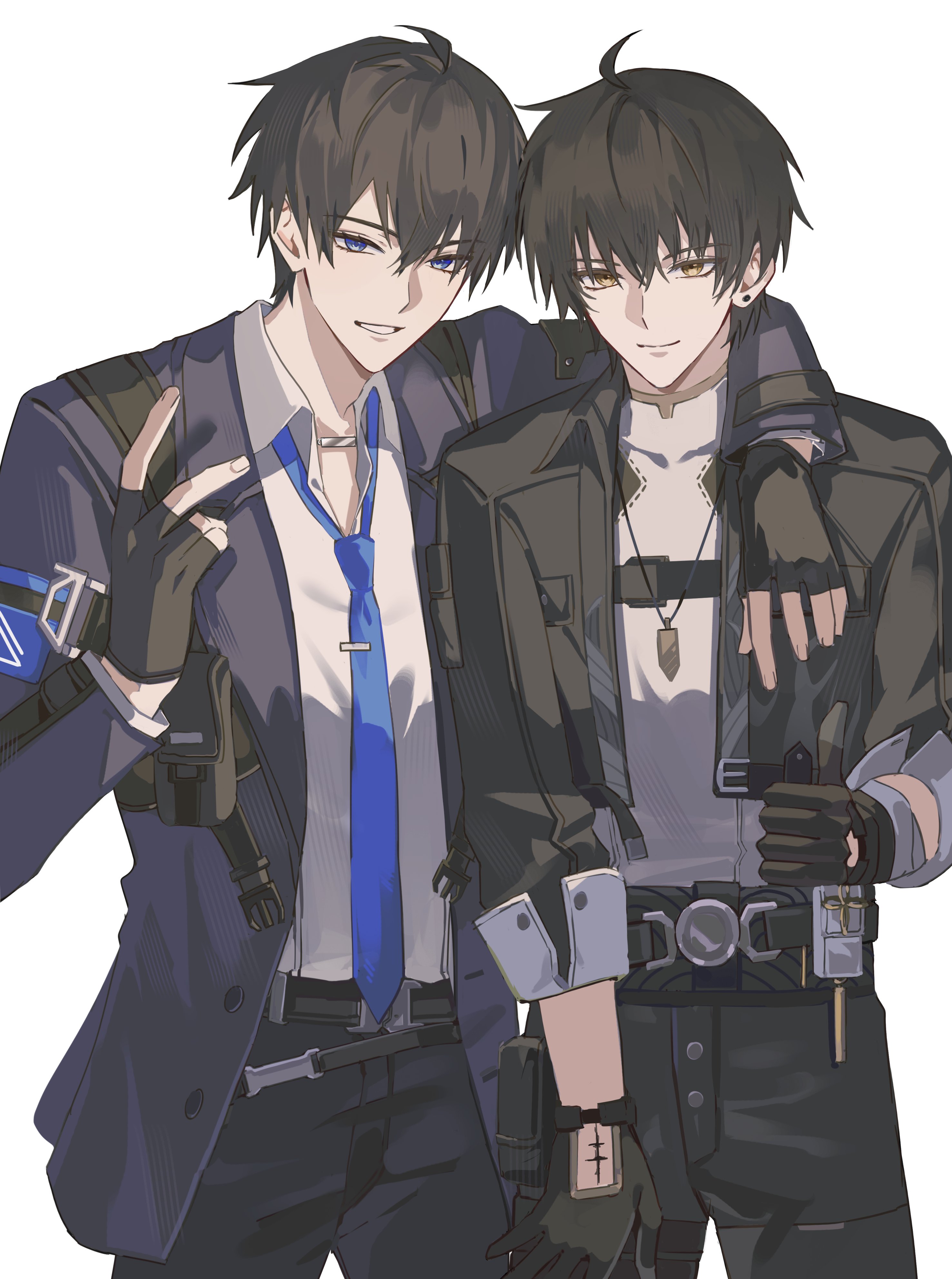 marti 31, male protagonist (ananta), male rover (wuthering waves), rover (wuthering waves), ananta, wuthering waves, absurdres, commentary, english commentary, highres, 2boys, arm over shoulder, black gloves, black hair, black jacket, black pants, blue eyes, blue jacket, blue necktie, closed mouth, collared shirt, cowboy shot, crossover, fingerless gloves, gloves, grey shirt, hand up, jacket, look-alike, loose necktie, male focus, multiple boys, necktie, open clothes, open jacket, pants, parted lips, pouch, shirt, shirt tucked in, simple background, sleeves rolled up, smile, tacet mark (wuthering waves), thumbs up, v, white background, white shirt, yellow eyes