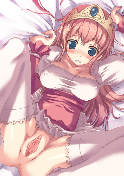 tomose shunsaku, princess laura, chunsoft, dragon quest, dragon quest i, 1980s (style), third-party edit, 1girl, anus, bed, bed sheet, blue eyes, blush, breasts, clenched teeth, clothes lift, covered erect nipples, crown, dress, female focus, large breasts, long hair, lying, no panties, oldschool, on back, pink hair, princess, pussy, pussy juice, sheet grab, skirt, skirt lift, solo, spread legs, teeth, thighhighs, tiara, uncensored, white thighhighs
