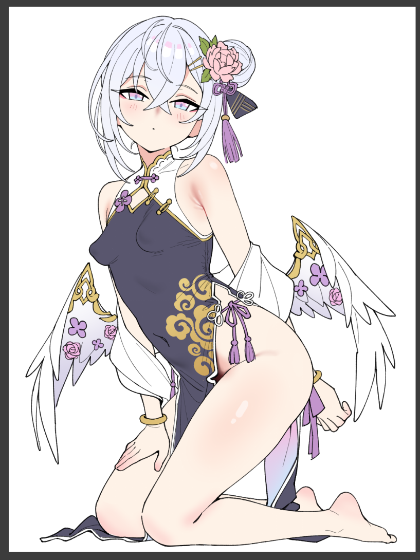 rong hui, azusa (blue archive), blue archive, 1girl, alternate costume, alternate hairstyle, arm behind back, armpit crease, bare legs, bare shoulders, barefoot, black border, black dress, blush, border, bracelet, breasts, china dress, chinese clothes, closed mouth, clothing cutout, covered navel, crossed bangs, diamond cutout, dress, expressionless, feathered wings, flat color, flower, full body, hair between eyes, hair bun, hair flower, hair ornament, hairclip, hand on own thigh, head tilt, impossible clothes, impossible dress, jewelry, kneeling, leaf hair ornament, leaning forward, legs, looking at viewer, low wings, medium hair, no panties, parallel hairclips, pelvic curtain, pink flower, purple flower, shawl, simple background, single side bun, sleeveless, sleeveless dress, small breasts, solo, tassel, tassel hair ornament, thighs, two-tone dress, white background, white dress, white hair, white shawl, white wings, wings