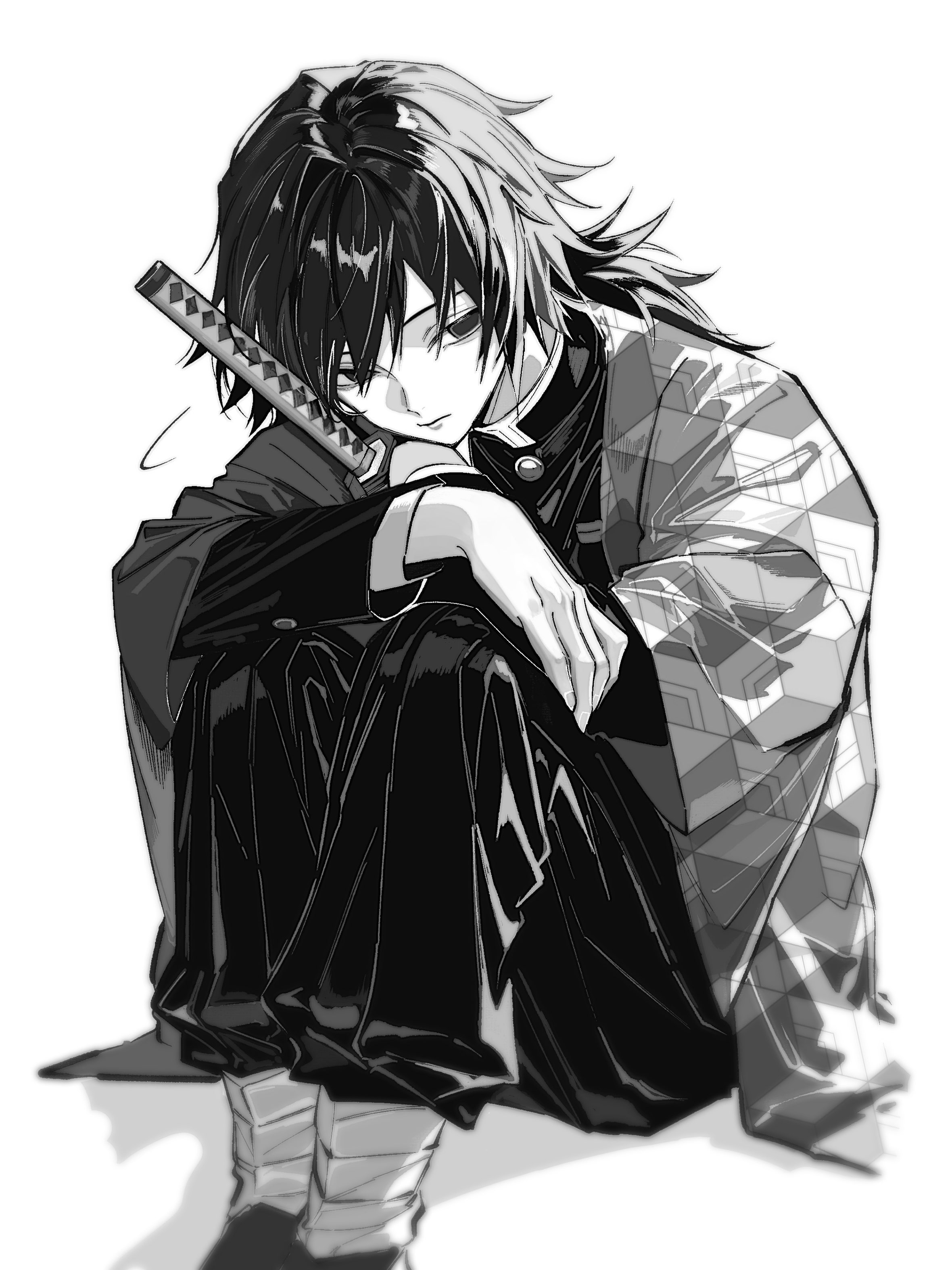 hrak mumi, tomioka giyuu, kimetsu no yaiba, absurdres, highres, 1boy, black hair, black jacket, black pants, black socks, buttons, closed mouth, demon slayer uniform, empty eyes, greyscale, hair between eyes, haori, high collar, jacket, japanese clothes, katana, kikkoumon, looking to the side, low ponytail, male focus, monochrome, pants, ponytail, print haori, simple background, sitting, socks, solo, spiked hair, sword, weapon, white background