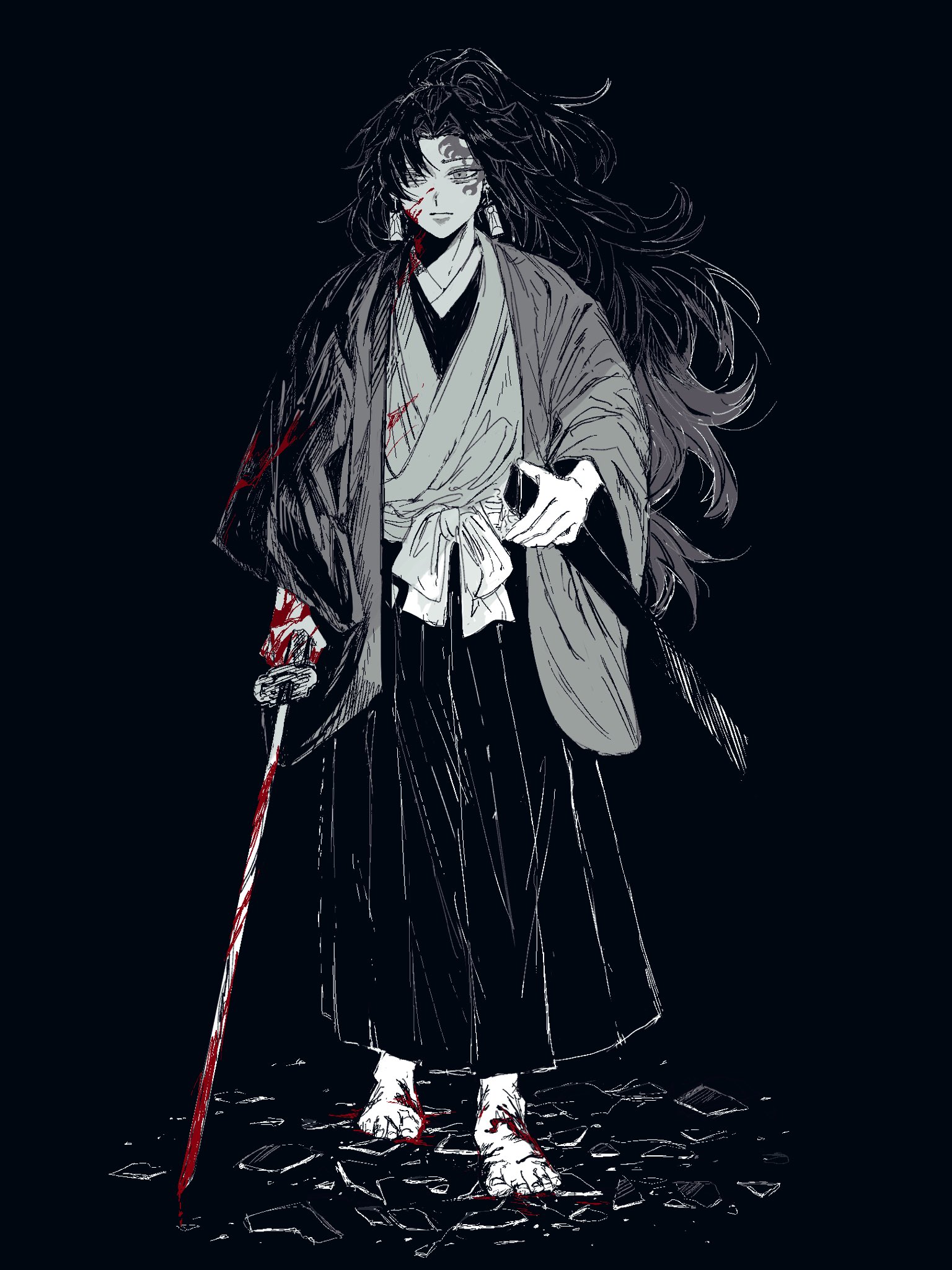 tsugikuni yoriichi, kimetsu no yaiba, highres, 1boy, barefoot, black background, blood, blood on clothes, blood on face, bloody weapon, broken glass, closed mouth, facial tattoo, glass, greyscale, hakama, hanafuda, haori, high ponytail, holding, holding sword, holding weapon, japanese clothes, katana, kimono, ko sgn, long hair, male focus, monochrome, partially colored, ponytail, scabbard, sheath, solo, spiked hair, sword, tattoo, toenails, very long hair, weapon