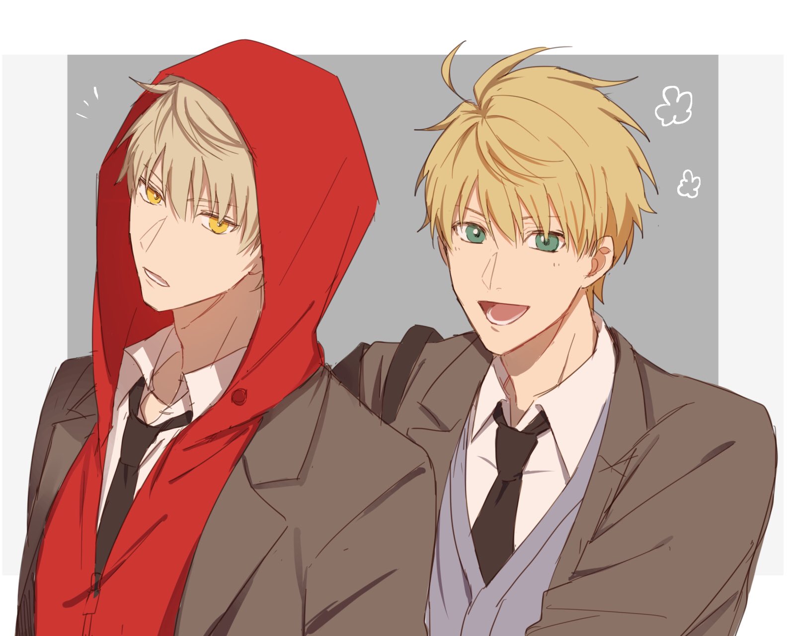 arthur pendragon (fate), arthur pendragon alter (fate), fate/grand order, fate (series), highres, non-web source, 2boys, ahoge, black necktie, blonde hair, border, brown jacket, collared shirt, dual persona, flower, formal clothes, green eyes, grey background, grey vest, hair between eyes, hood, hoodie, jacket, lapels, long sleeves, looking at viewer, male focus, multiple boys, necktie, notice lines, open clothes, open jacket, open mouth, outside border, red hoodie, shirt, short hair, simple background, smile, teeth, upper body, vest, white border, white shirt, yellow eyes