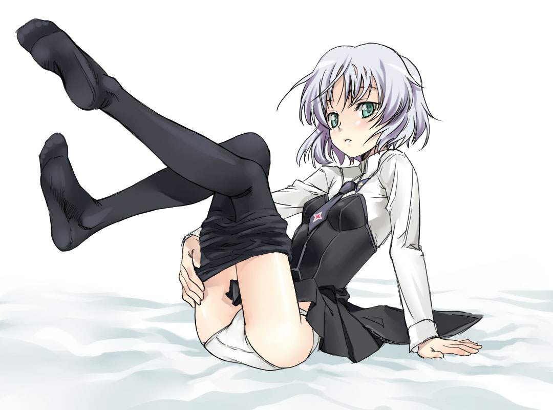 satou atsuki, sanya v. litvyak, strike witches, world witches series, silver hair, 00s, 1girl, black pantyhose, clothes pull, feet, female focus, green eyes, panties, pantyhose, pantyhose pull, short hair, sitting, solo, underwear