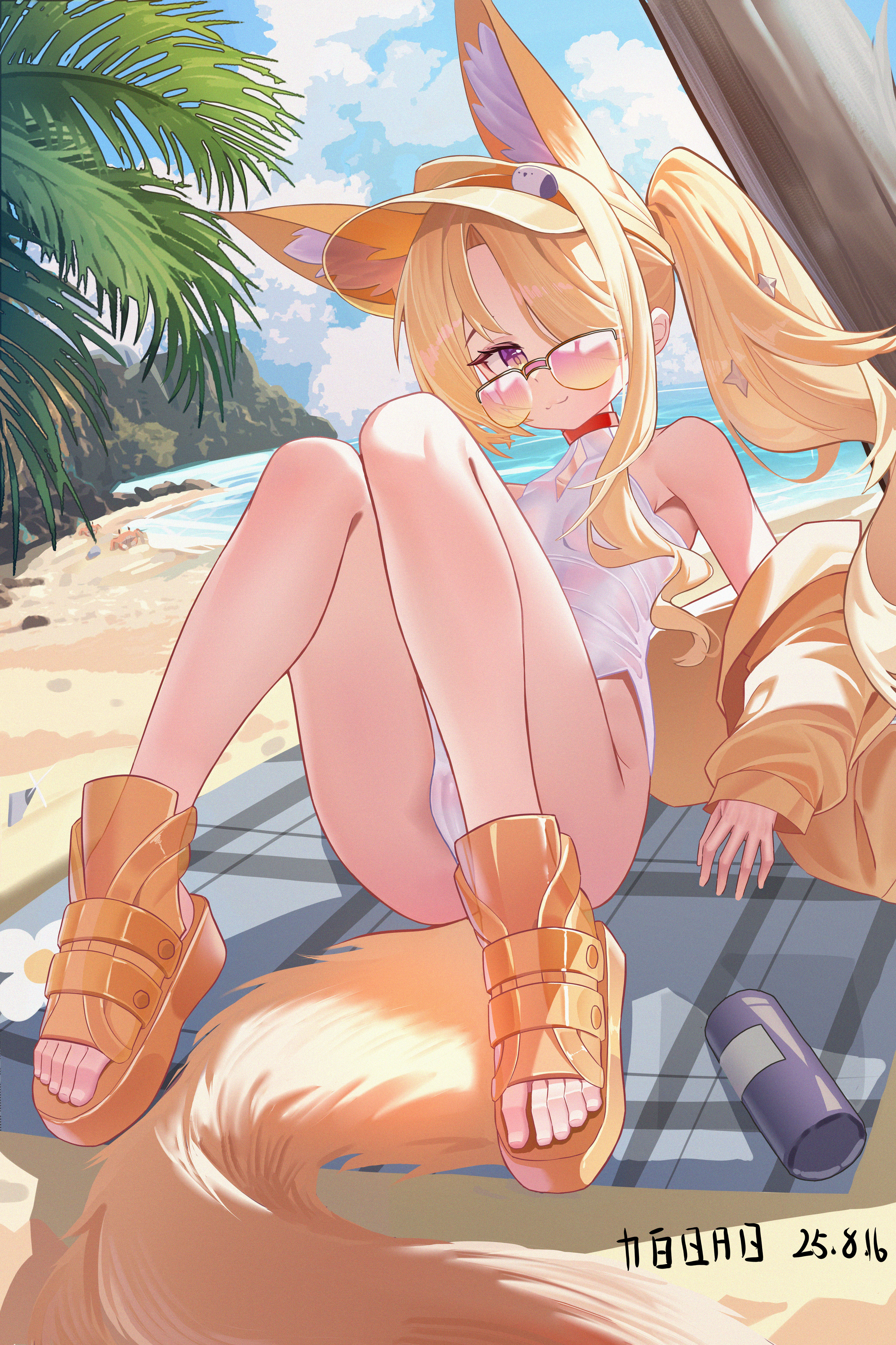 kyuuhyaku, seia (blue archive), seia (swimsuit) (blue archive), blue archive, absurdres, highres, 1girl, animal ears, beach, beach towel, blonde hair, breasts, cameltoe, choker, closed mouth, crab, dated, fox ears, fox girl, fox tail, full body, hair over one eye, knees up, long hair, looking at viewer, ocean, one-piece swimsuit, orange-tinted eyewear, orange sandals, palm tree, red choker, sandals, side ponytail, sitting, small breasts, smile, solo, sunglasses, swimsuit, tail, tinted eyewear, towel, tree, visor cap, wet, wet clothes, wet swimsuit, white one-piece swimsuit