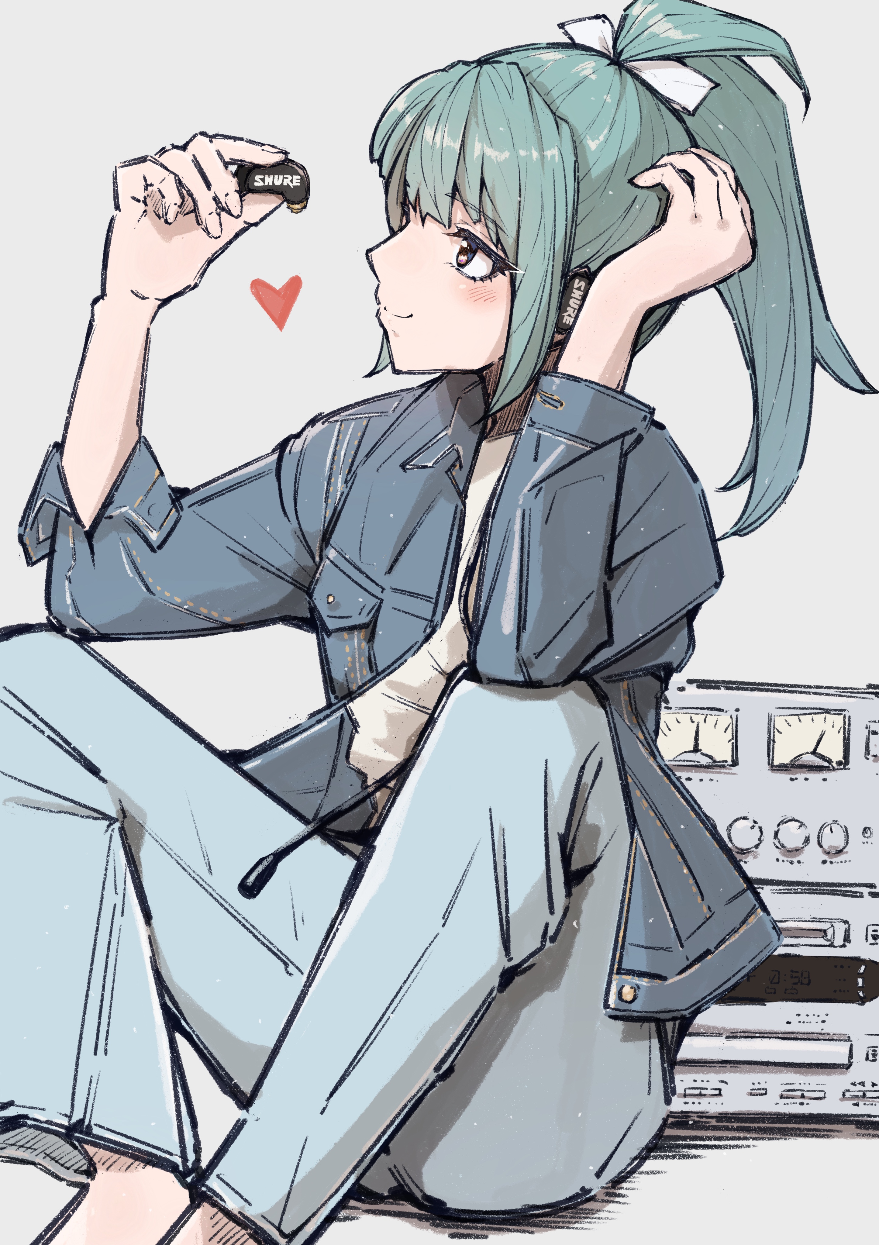 ld (luna dial398), yuubari (kancolle), kantai collection, shure, absurdres, highres, 1girl, alternate costume, blue pants, brown eyes, denim, feet out of frame, green hair, grey jacket, jacket, jeans, long hair, pants, ponytail, sitting, smile, solo, wireless earphones