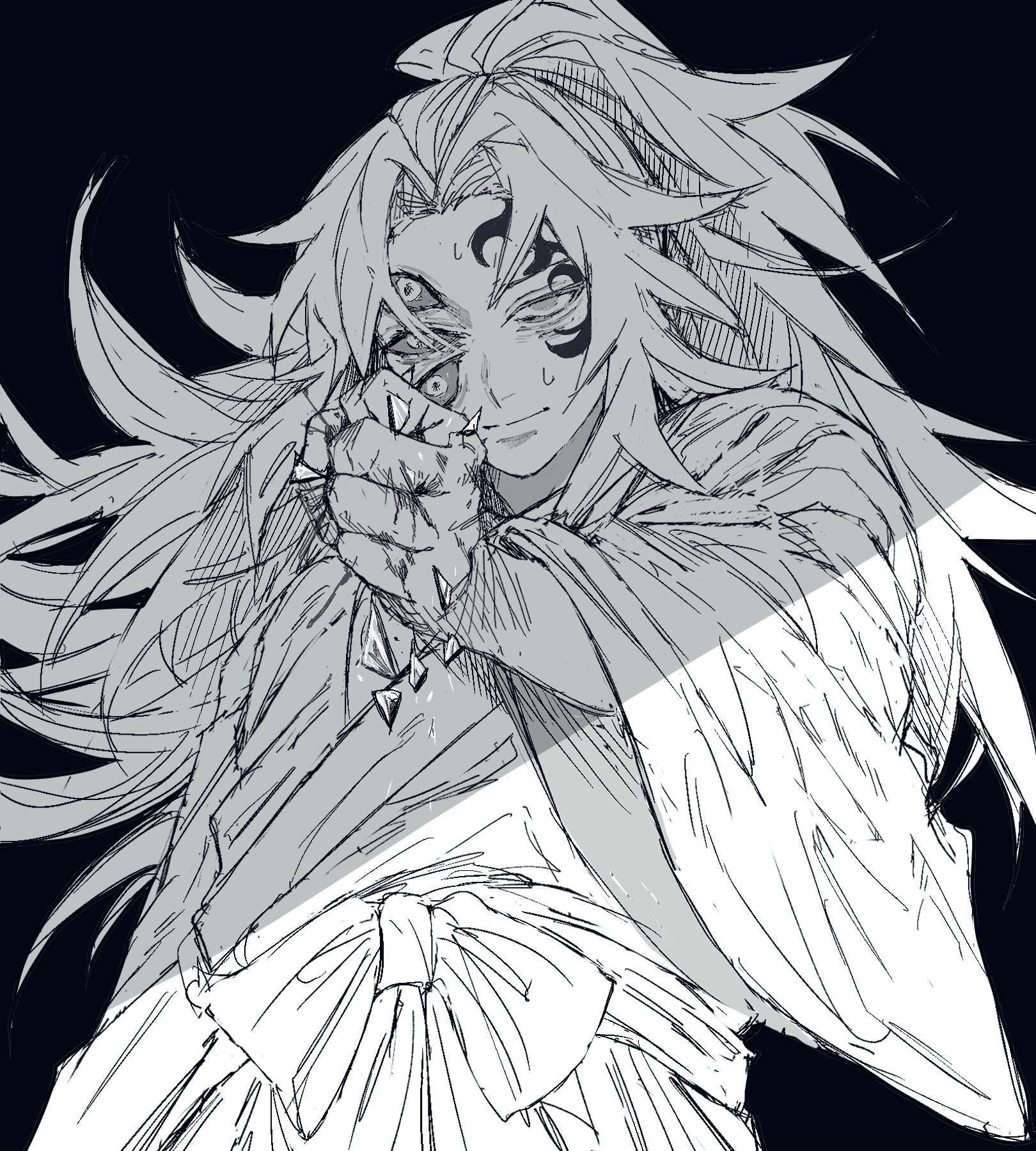 kokushibou, kimetsu no yaiba, highres, 1boy, black background, blood, broken glass, clenched hand, closed mouth, colored sclera, extra eyes, glass, greyscale, hakama, hand up, high ponytail, japanese clothes, kimono, ko sgn, long hair, male focus, monochrome, ponytail, simple background, smile, solo, spiked hair, sweat, very long hair, wide sleeves