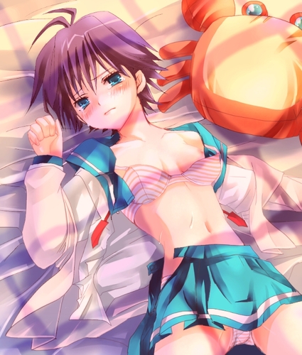 taira tsukune, kikuchi makoto, idolmaster, idolmaster xenoglossia, lowres, non-web source, 00s, 1girl, antenna hair, bed, black hair, blue eyes, blush, bra, breasts, female focus, lingerie, lying, midriff, open clothes, open shirt, panties, pantyshot, school uniform, serafuku, shirt, small breasts, smile, solo, striped clothes, striped panties, stuffed animal, stuffed toy, tears, underwear
