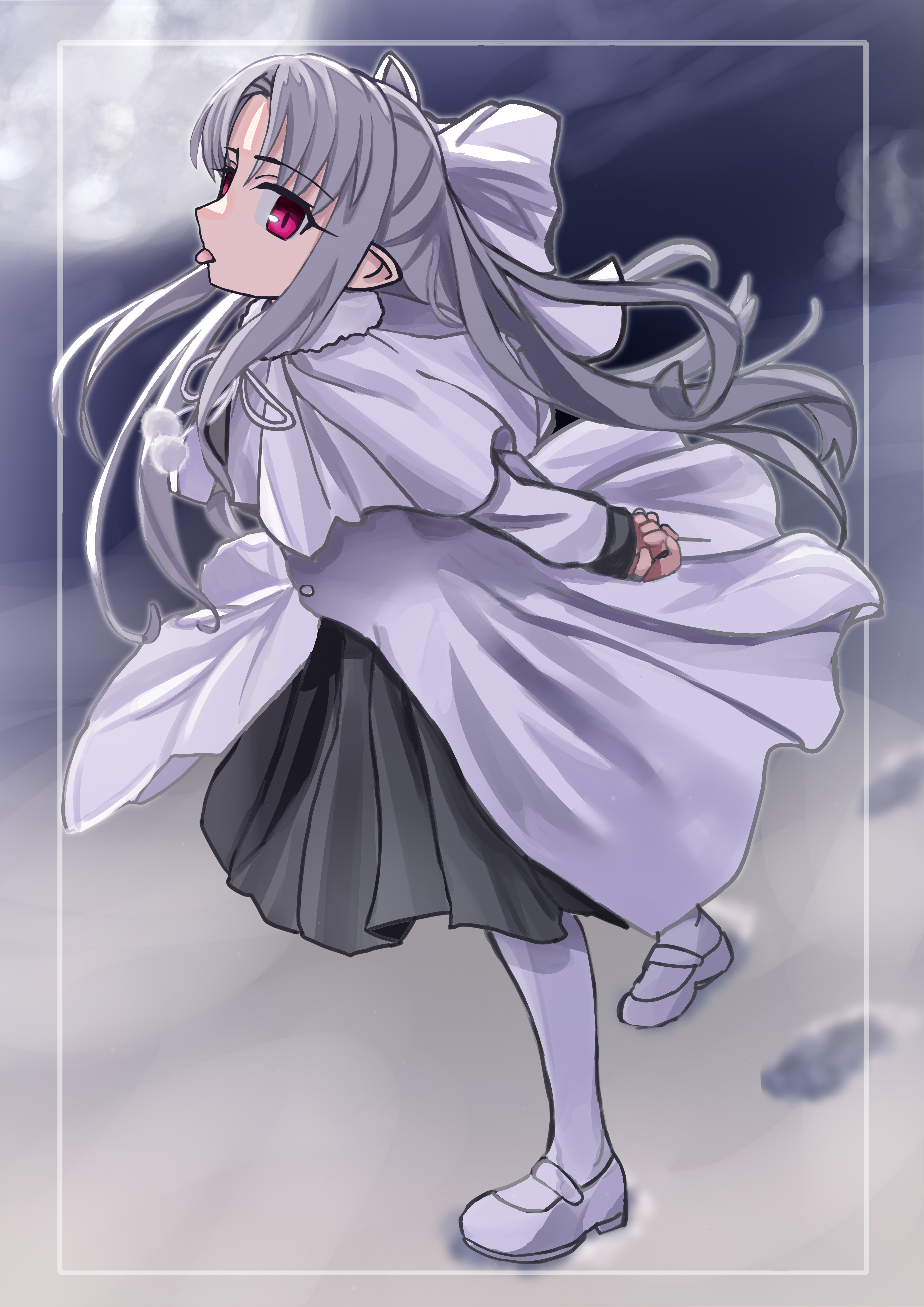 kebab (blackdoll), white len (tsukihime), melty blood, tsukihime, absurdres, highres, 1girl, coat, dress, footprints, full body, grey hair, long hair, looking at viewer, mary janes, pantyhose, pointy ears, red eyes, shoes, sketch, snow, solo, tongue, tongue out, white coat, white pantyhose