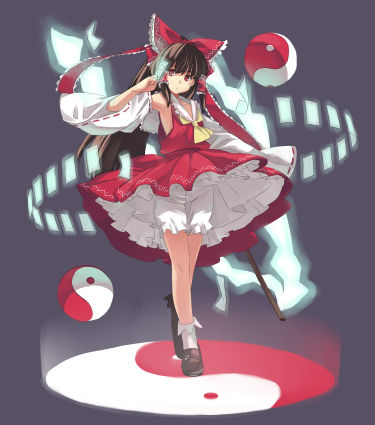 hakurei reimu, touhou, artist request, bad id, 1girl, armpits, bloomers, bow, brown hair, detached sleeves, dress, female focus, gohei, hair ribbon, japanese clothes, long hair, magic, miko, ofuda, ribbon, shide, solo, underwear, white bloomers, yin yang
