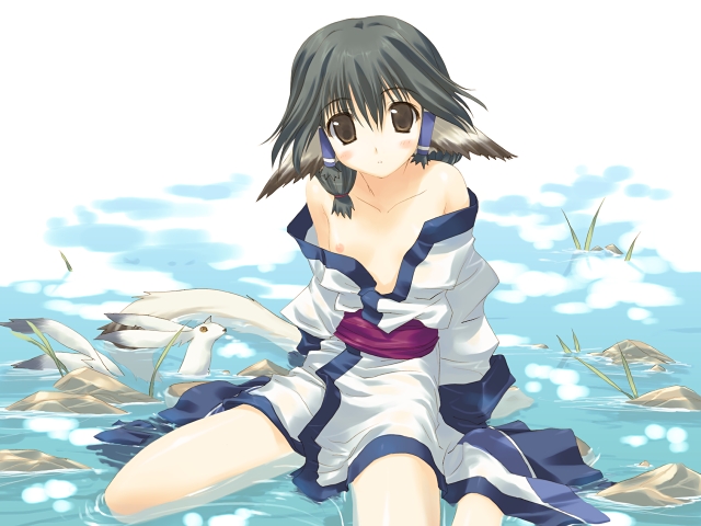 aruruu, utawarerumono, game cg, non-web source, 00s, animal ears, bare shoulders, black hair, brown eyes, flat chest, japanese clothes, kimono, nipple slip, nipples, rock, sitting, solo, tail, water