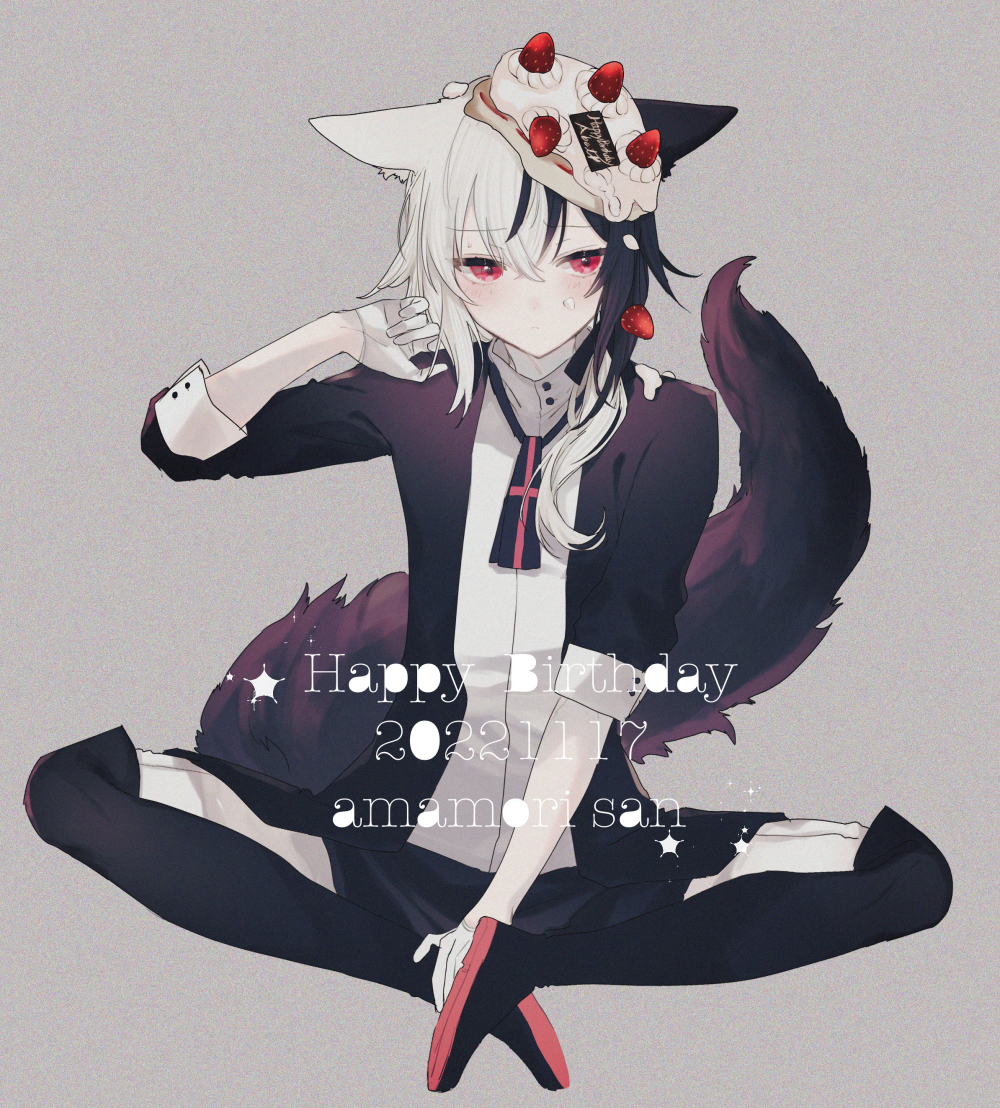 eurasia (wtp09ptw14), original, commentary request, 1boy, animal ear fluff, animal ears, black hair, black jacket, black pants, blush, cake, cake on head, cat boy, cat ears, cat tail, closed mouth, dated, food, fruit, full body, gloves, grey background, hair between eyes, hand up, happy birthday, jacket, looking at viewer, male focus, medium hair, multicolored hair, pants, red eyes, shirt, simple background, sitting, small sweatdrop, solo, split-color hair, strawberry, strawberry cake, tail, two-tone hair, white gloves, white hair, white shirt