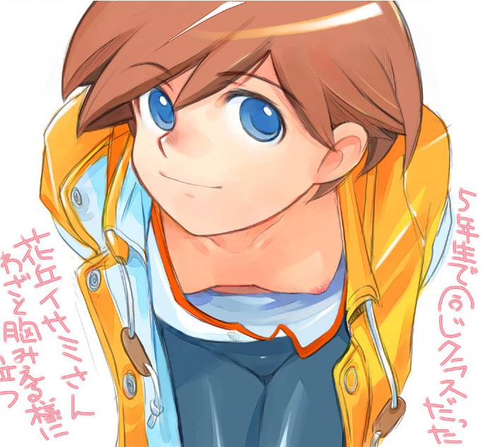 takahashi kenji, hanaoka isami, tobe! isami, non-web source, translation request, 1girl, bent over, blue eyes, breasts, brown hair, downblouse, female focus, flat chest, jacket, nipple slip, nipples, short hair, simple background, smile, solo, white background